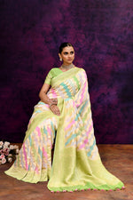 Pure handloom rangkaat khaddi georgette banarasi saree with multi color leheriya zari weaving