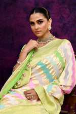 Pure handloom rangkaat khaddi georgette banarasi saree with multi color leheriya zari weaving