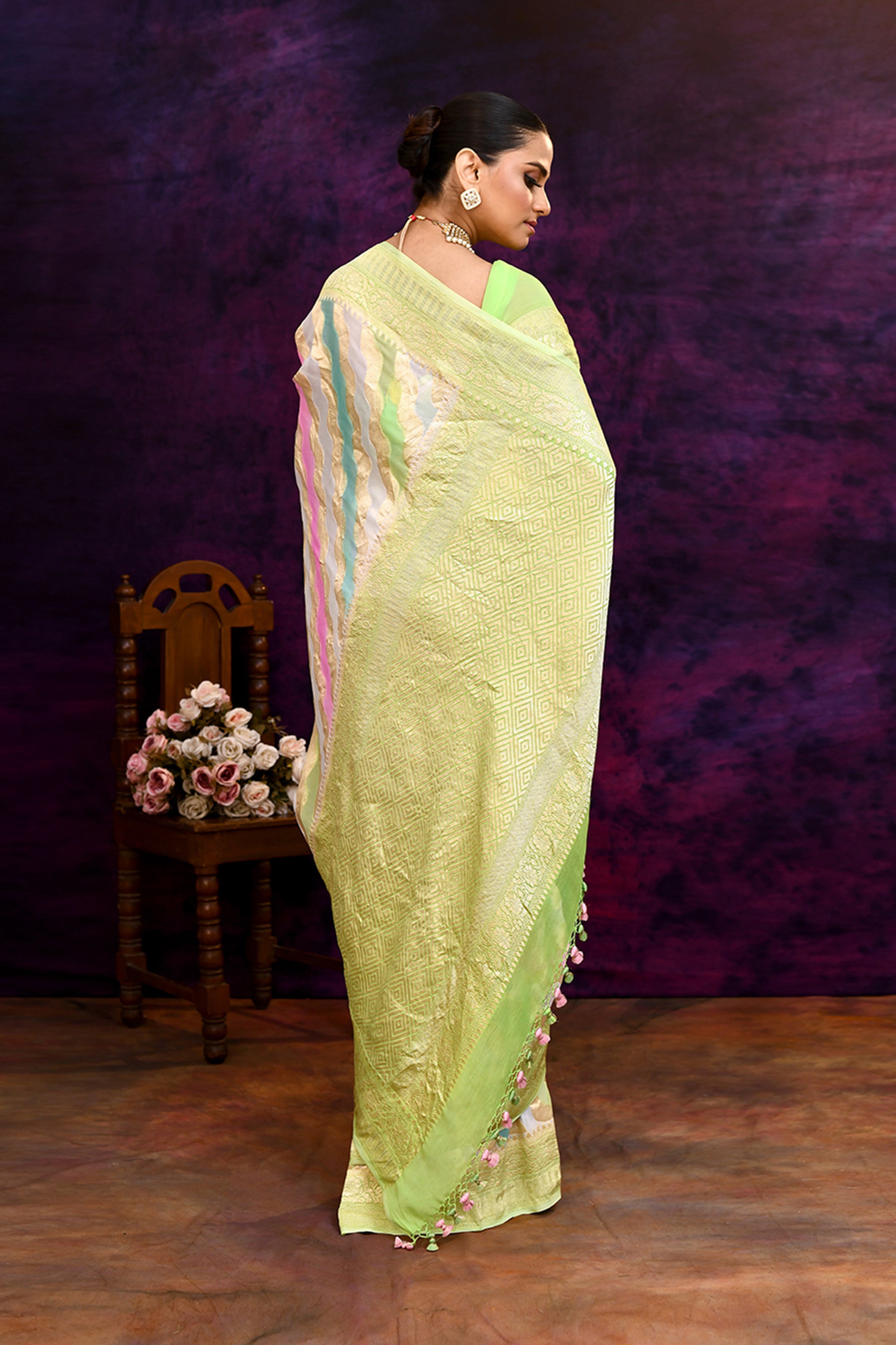 Pure handloom rangkaat khaddi georgette banarasi saree with multi color leheriya zari weaving