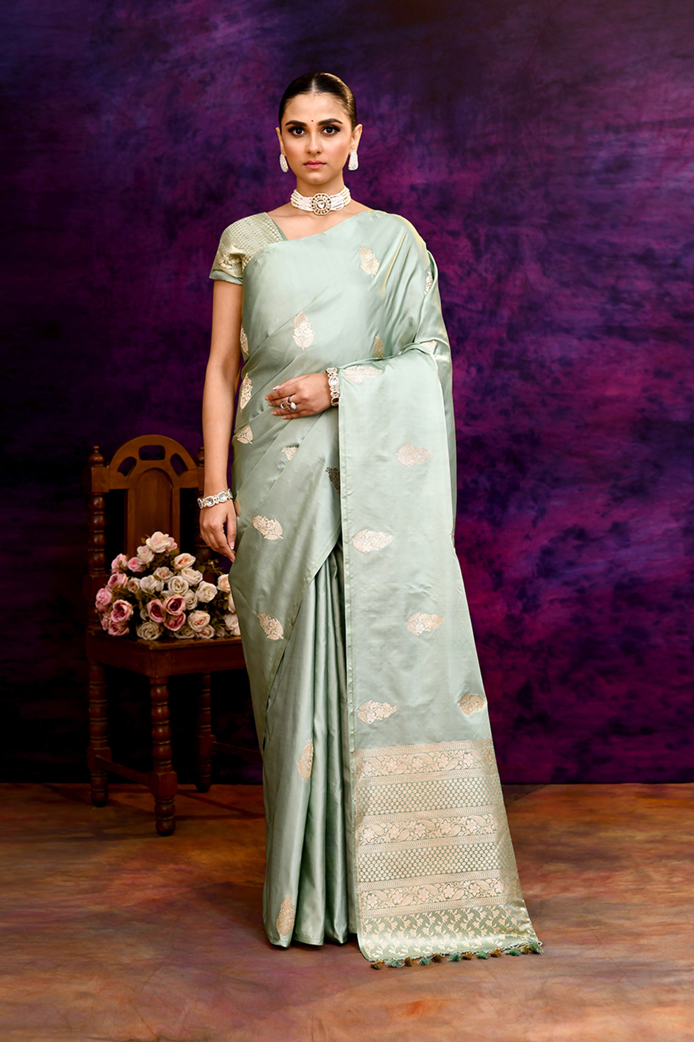 Pure Katan Silk Saree with Zari Buti & Woven Border – Pista Green