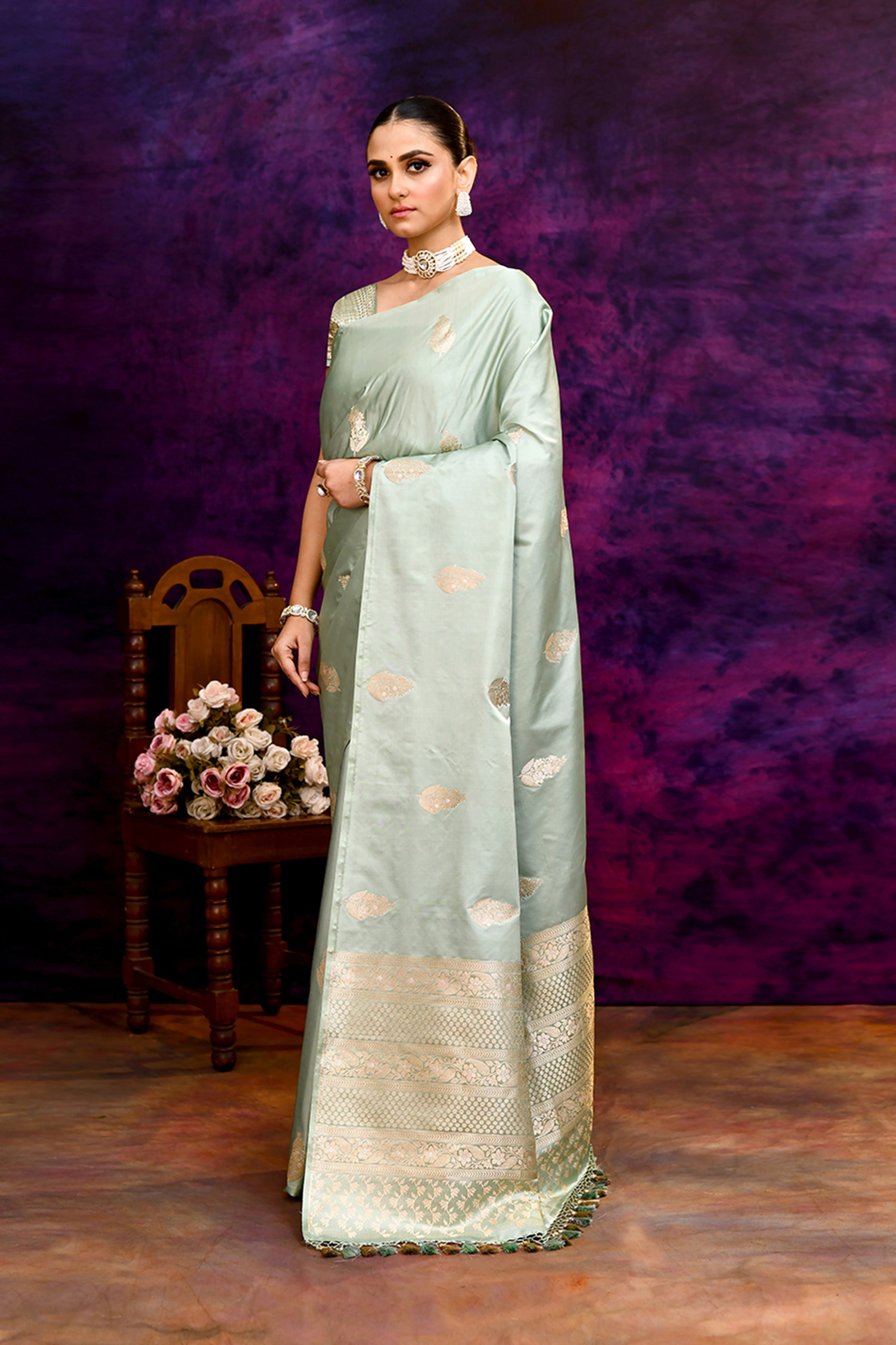 Pure Katan Silk Saree with Zari Buti & Woven Border – Pista Green