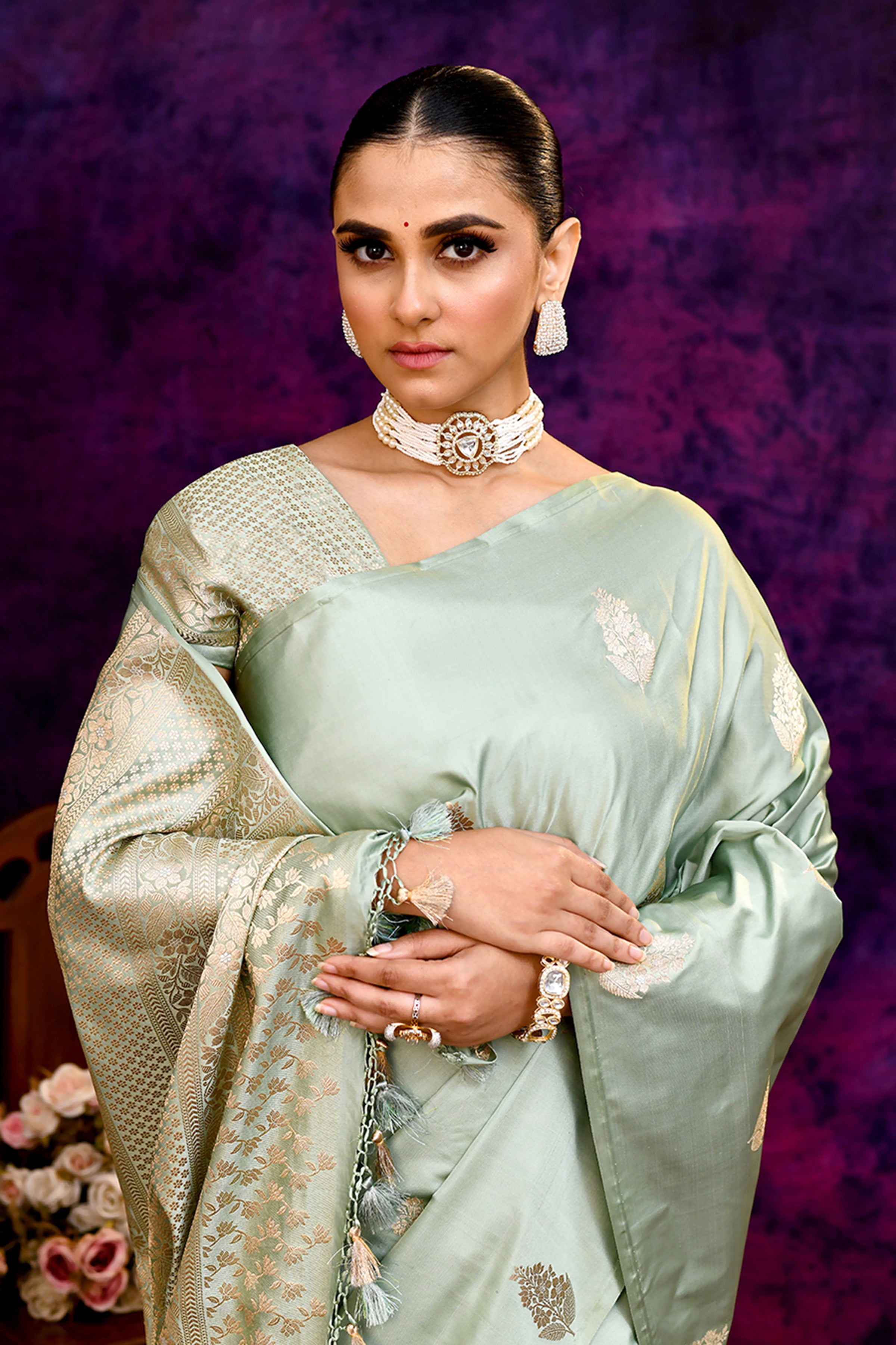 Pure Katan Silk Saree with Zari Buti & Woven Border – Pista Green