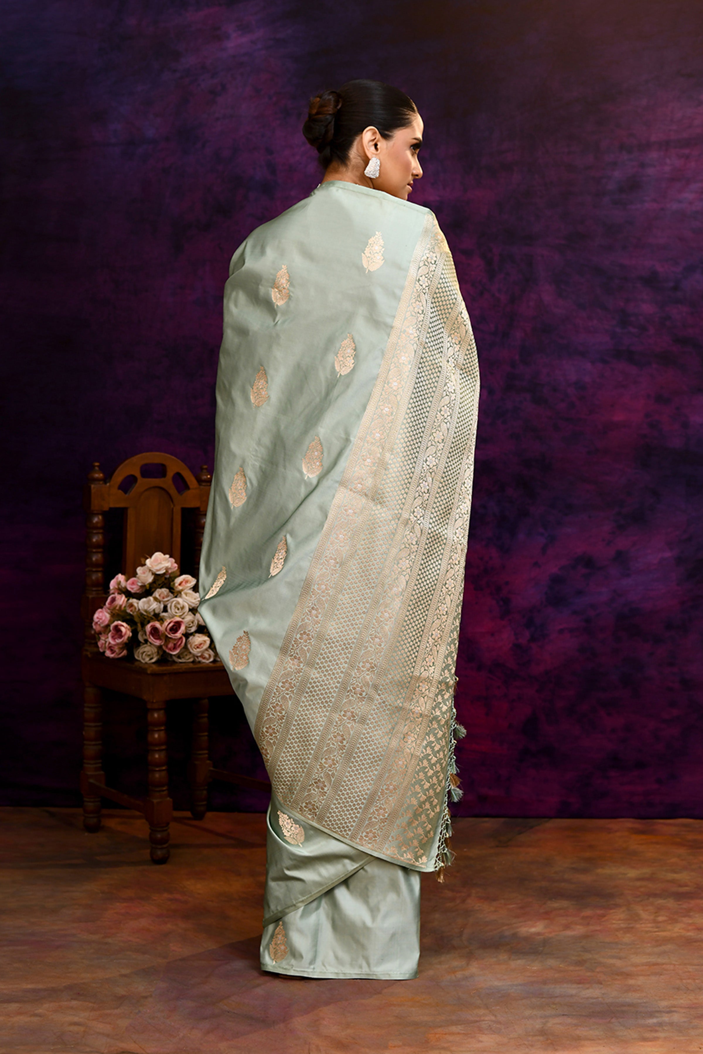 Pure Katan Silk Saree with Zari Buti & Woven Border – Pista Green