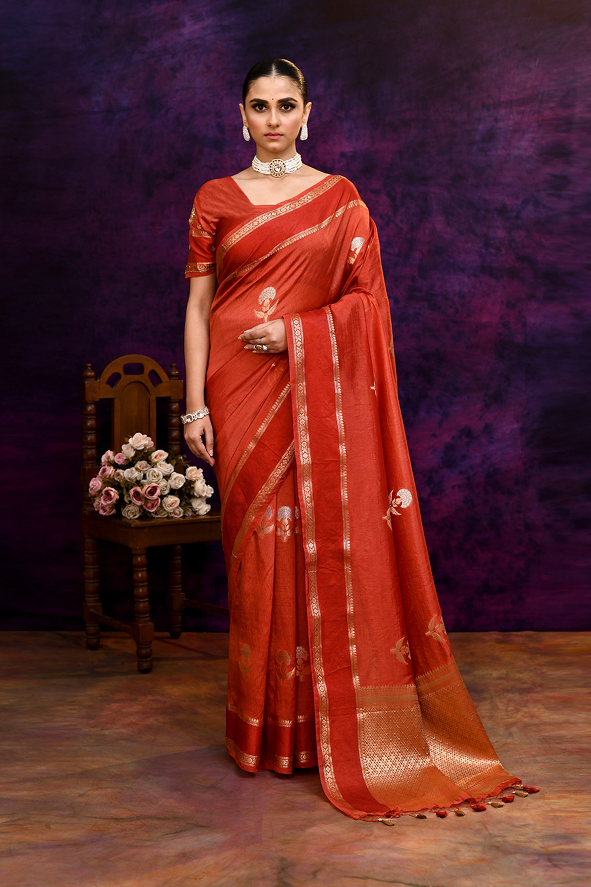 Pure Banarasi woven silk saree with zari weaving & hand embroidered blouse-Coral