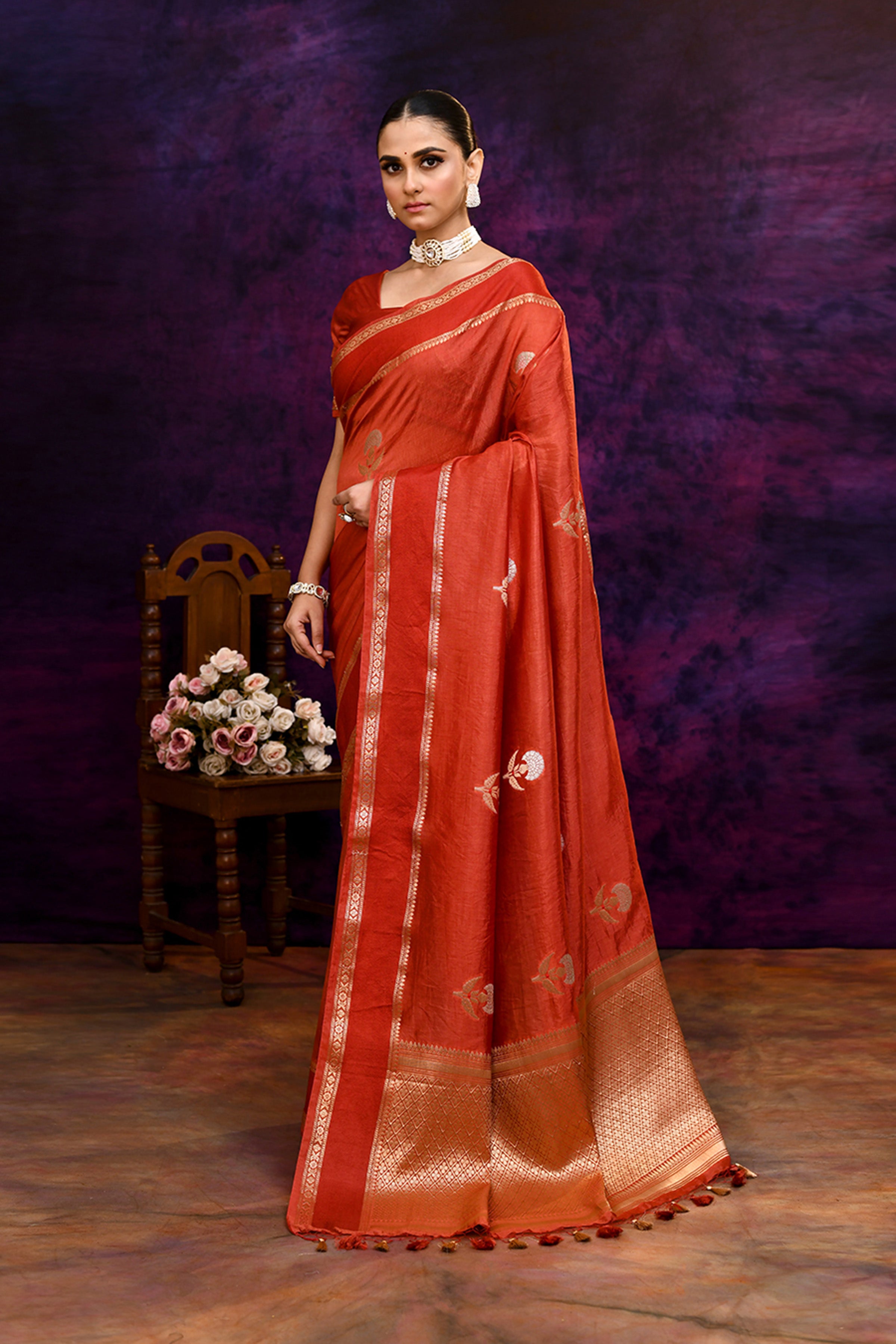 Pure Banarasi woven silk saree with zari weaving & hand embroidered blouse-Coral