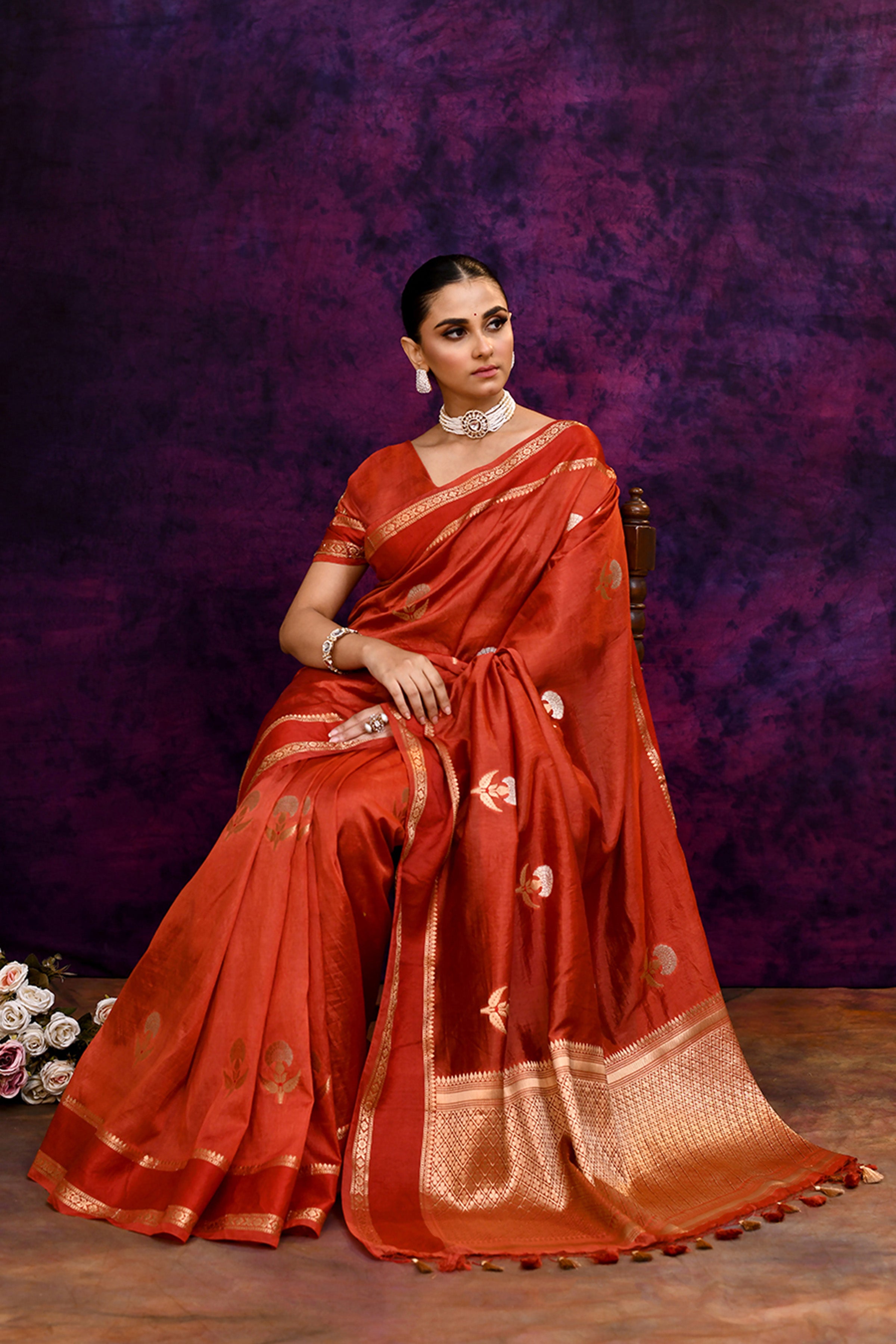 Pure Banarasi woven silk saree with zari weaving & hand embroidered blouse-Coral