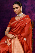 Pure Banarasi woven silk saree with zari weaving & hand embroidered blouse-Coral