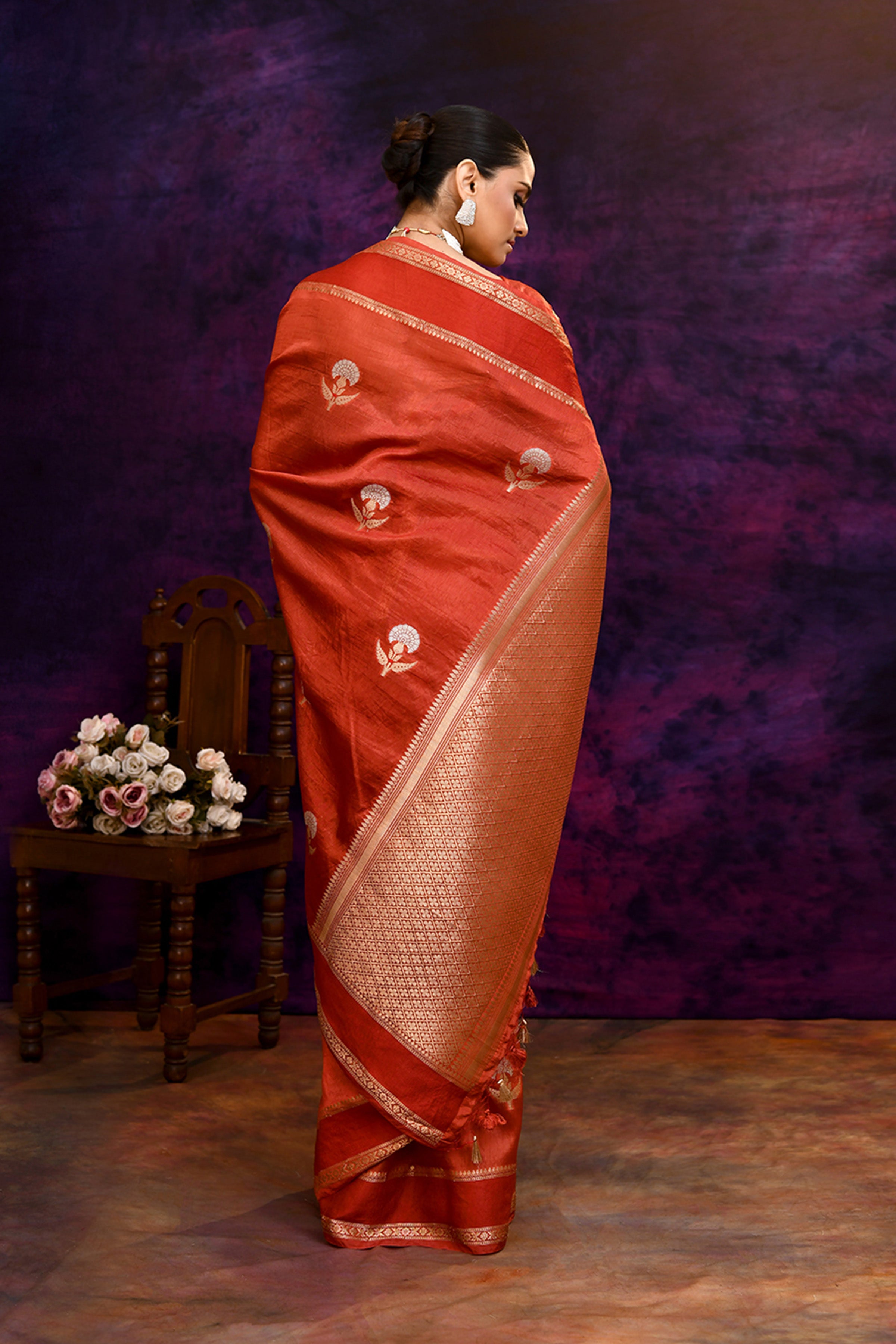 Pure Banarasi woven silk saree with zari weaving & hand embroidered blouse-Coral