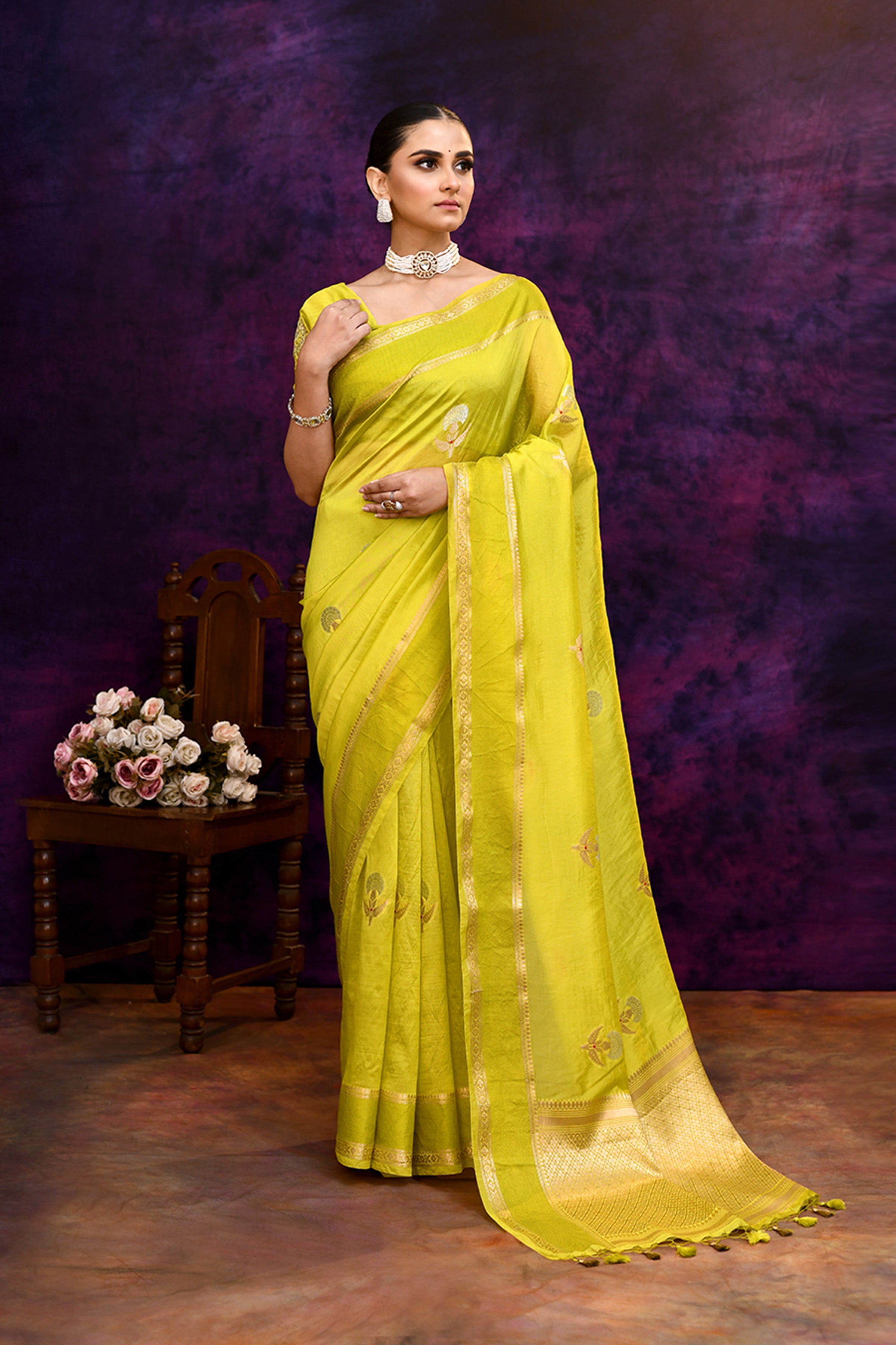 Pure Banarasi woven silk saree with zari weaving & hand embroidered blouse-Lime green