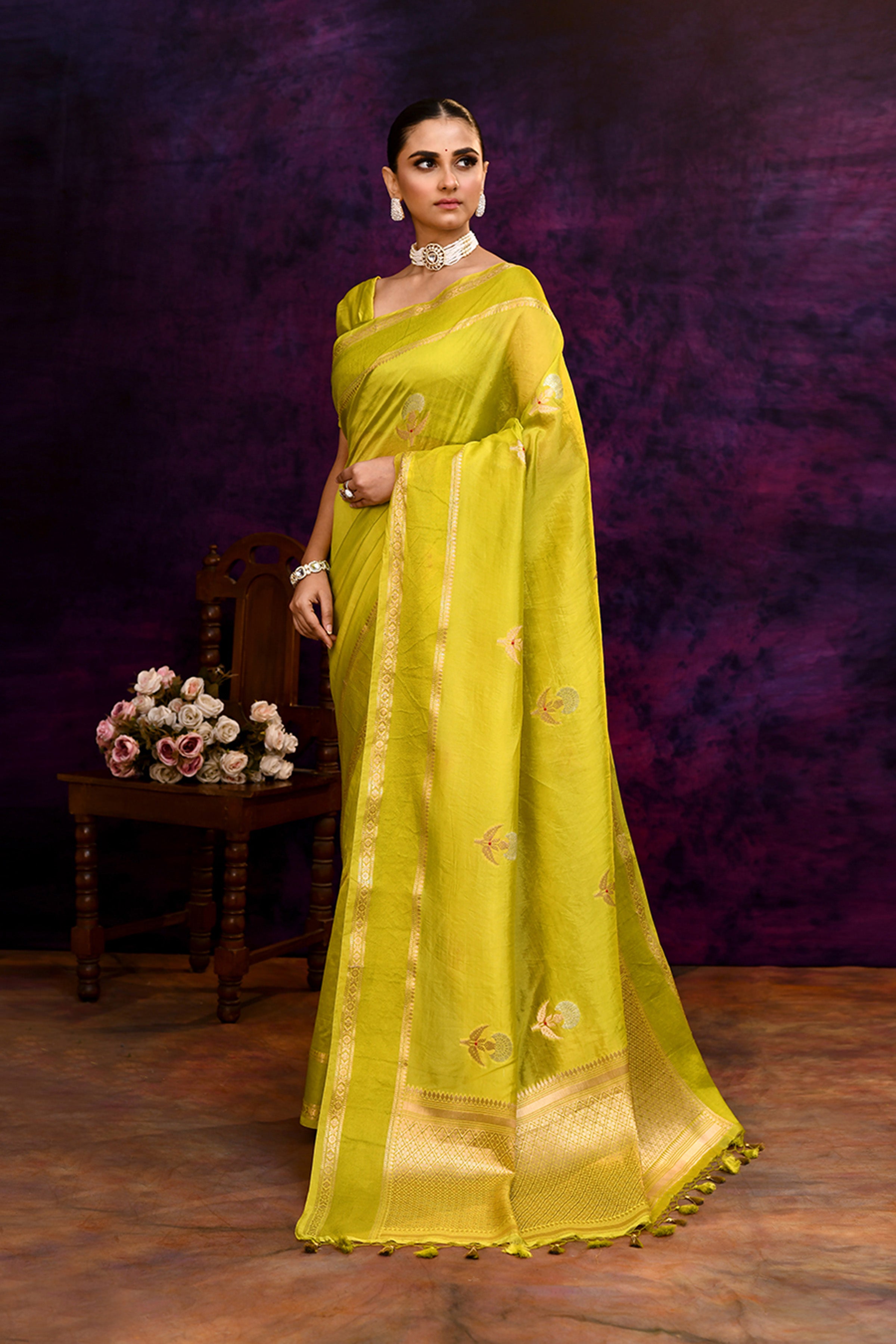 Pure Banarasi woven silk saree with zari weaving & hand embroidered blouse-Lime green