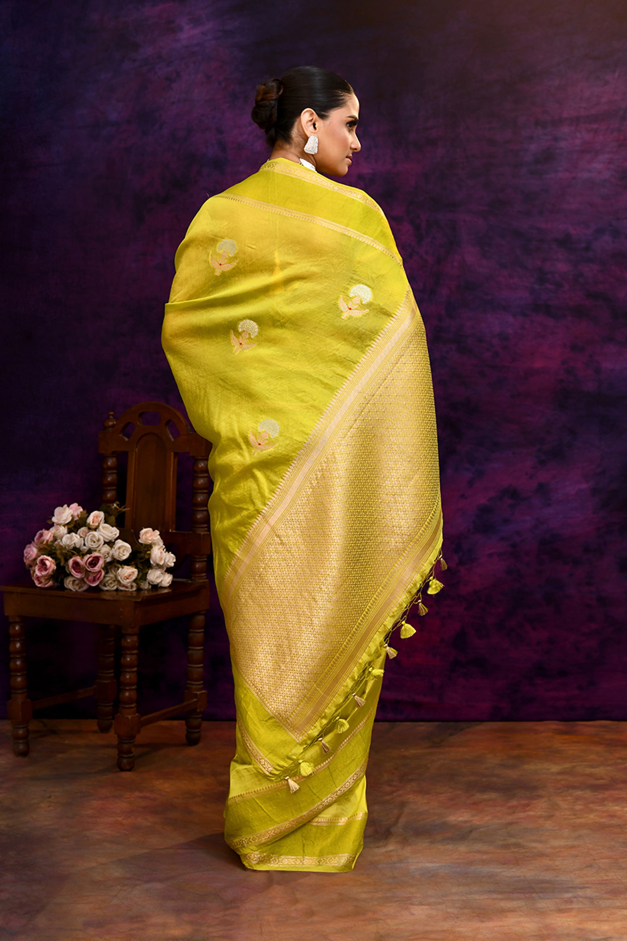 Pure Banarasi woven silk saree with zari weaving & hand embroidered blouse-Lime green