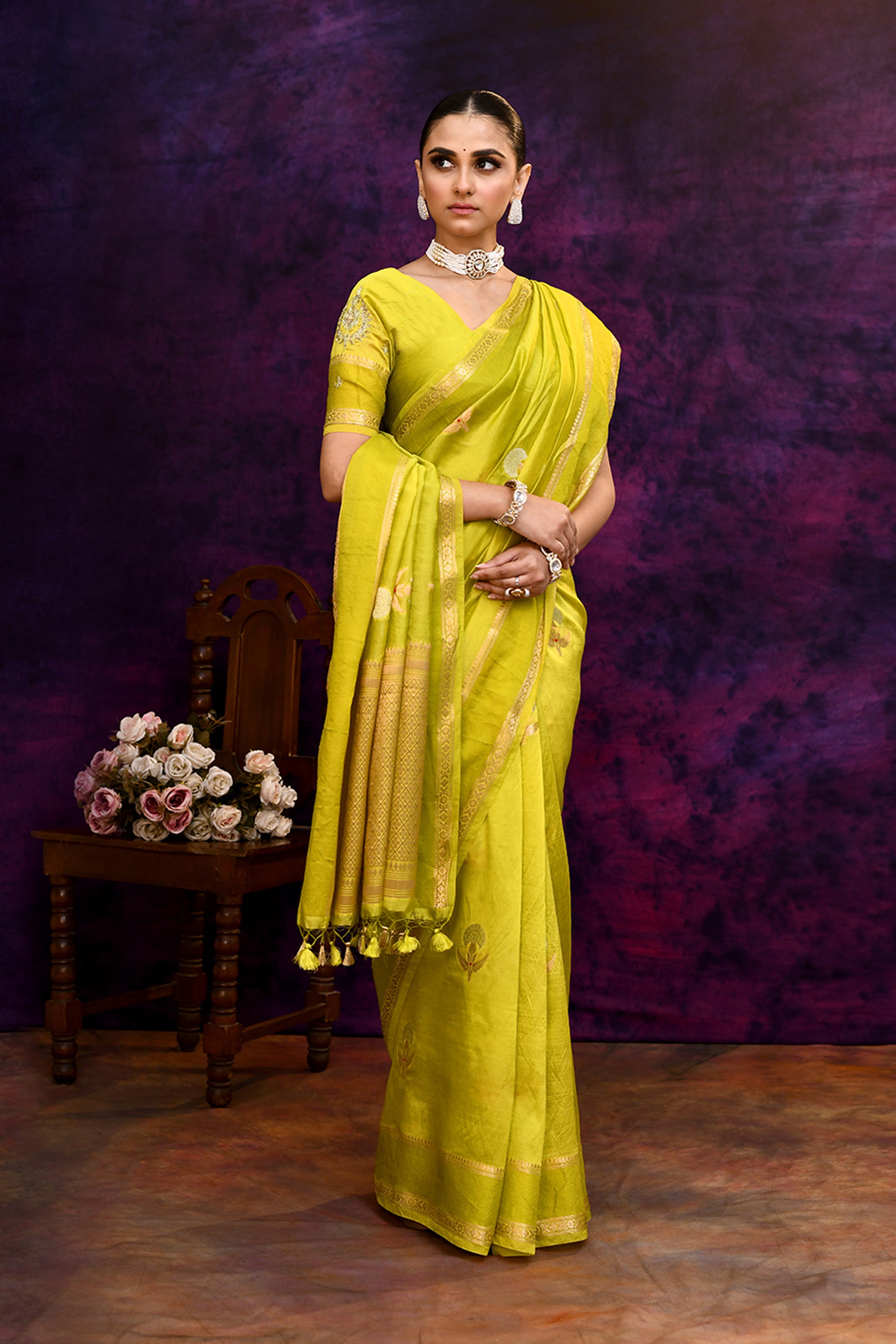 Pure Banarasi woven silk saree with zari weaving & hand embroidered blouse-Lime green