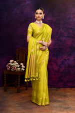 Pure Banarasi woven silk saree with zari weaving & hand embroidered blouse-Lime green
