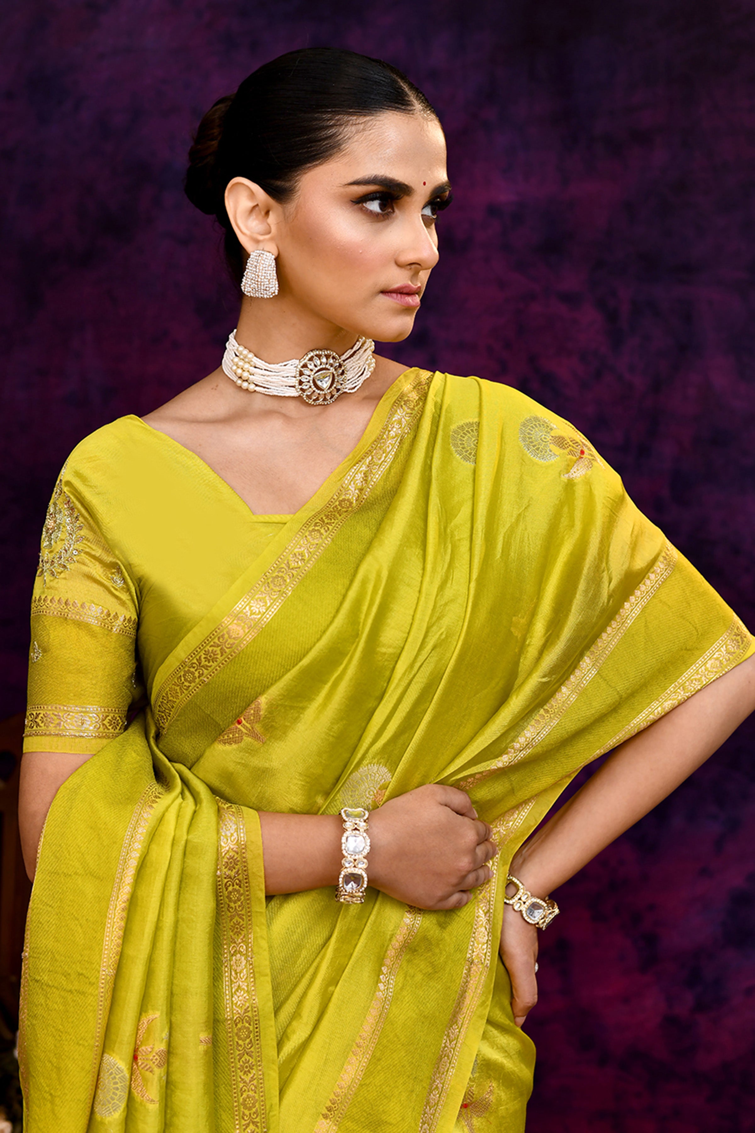 Pure Banarasi woven silk saree with zari weaving & hand embroidered blouse-Lime green