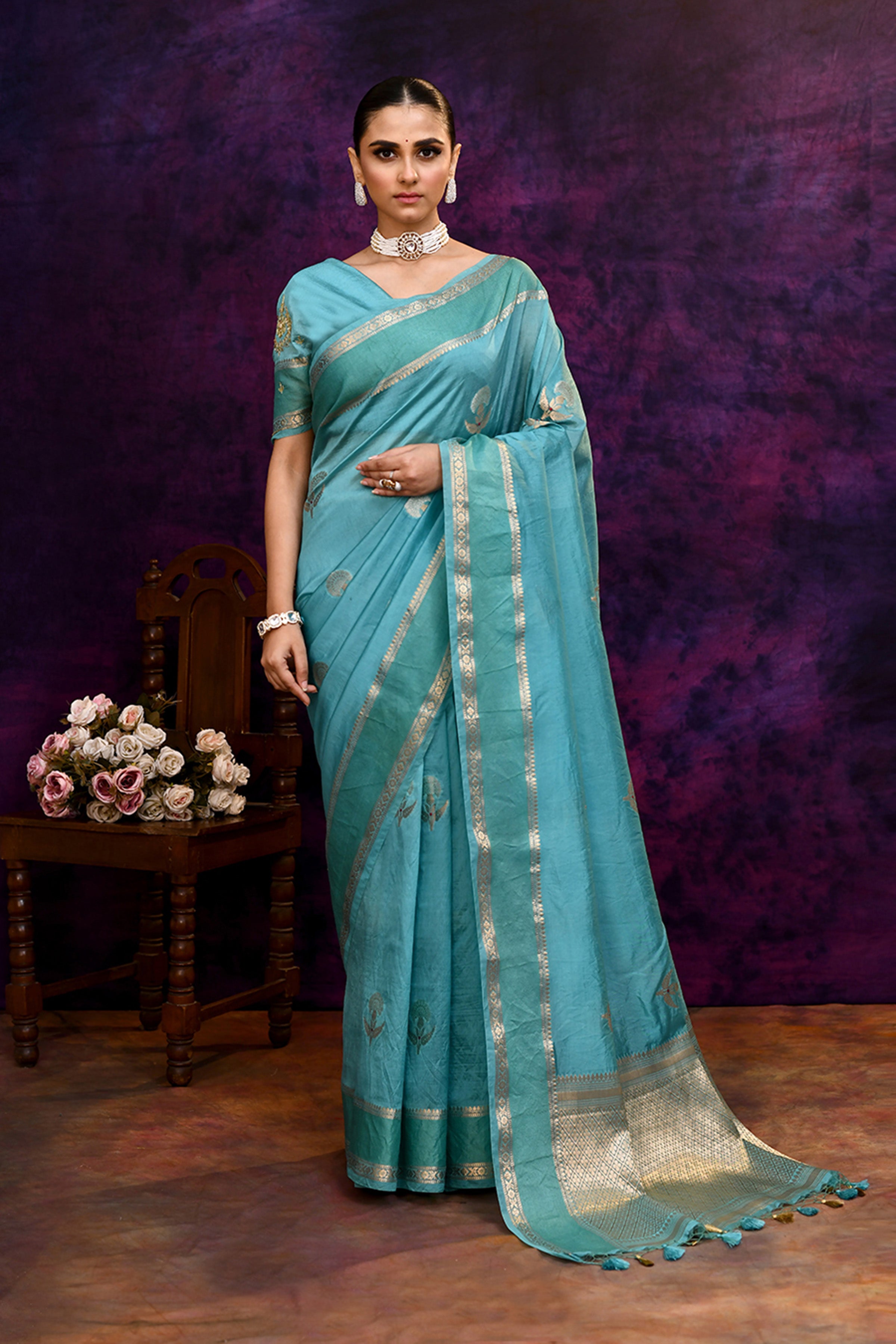 Pure Banarasi woven silk saree with zari weaving & hand embroidered blouse-Turquoise blue