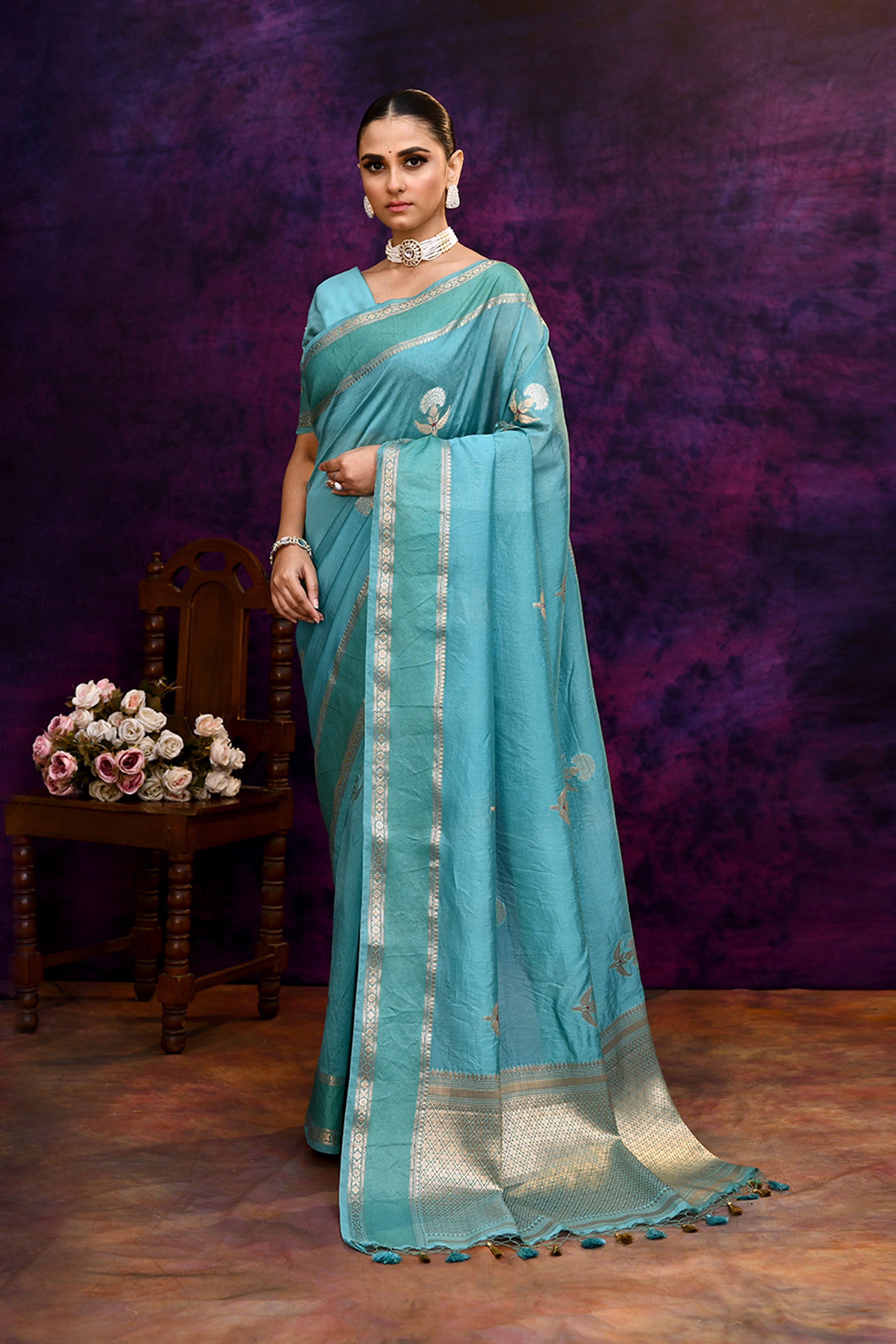 Pure Banarasi woven silk saree with zari weaving & hand embroidered blouse-Turquoise blue