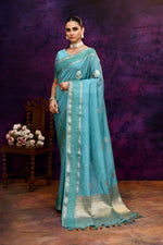 Pure Banarasi woven silk saree with zari weaving & hand embroidered blouse-Turquoise blue