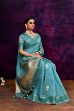 Pure Banarasi woven silk saree with zari weaving & hand embroidered blouse-Turquoise blue