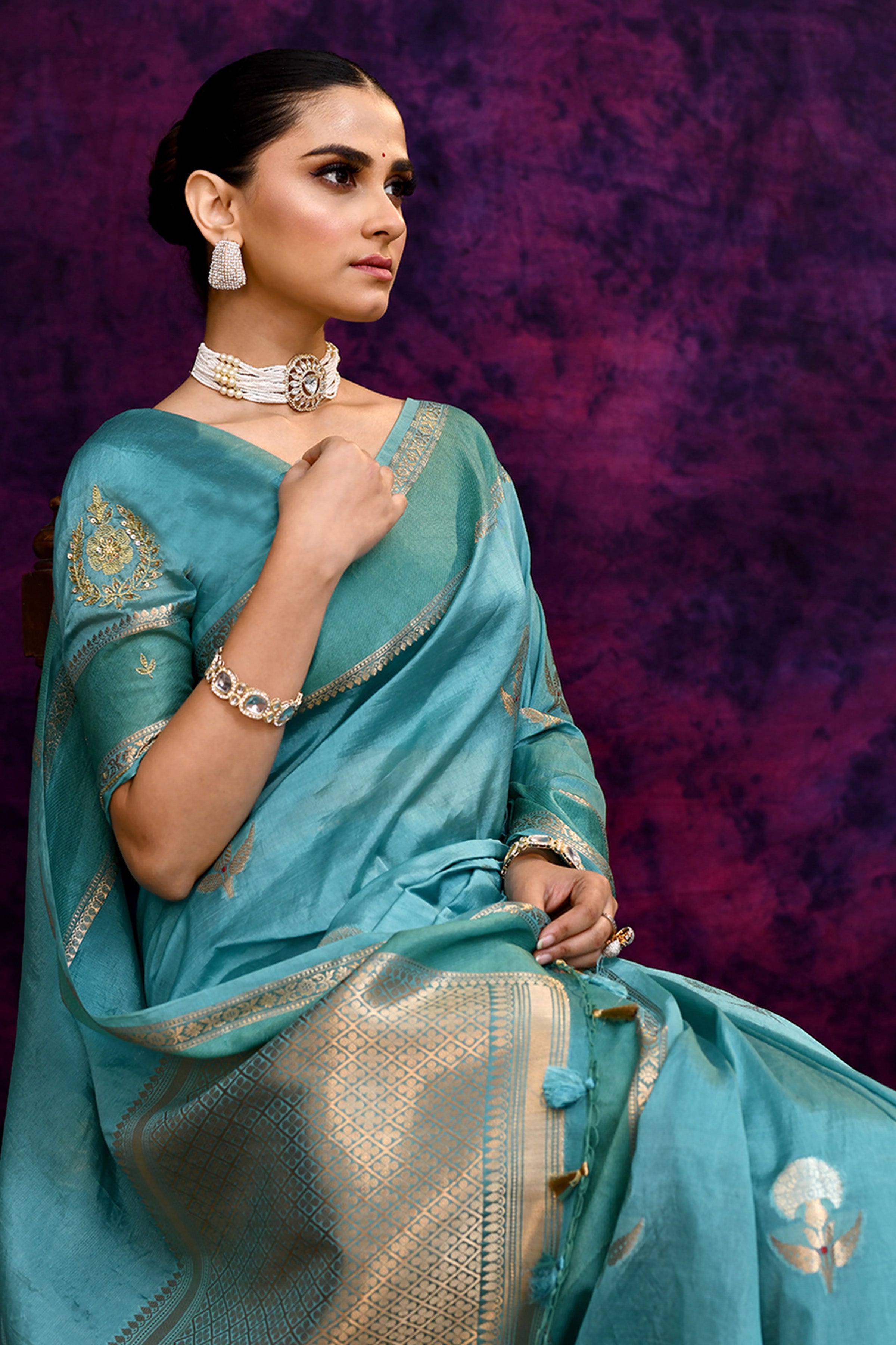 Pure Banarasi woven silk saree with zari weaving & hand embroidered blouse-Turquoise blue