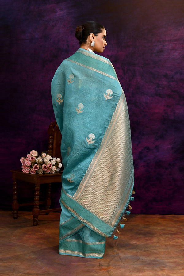 Pure Banarasi woven silk saree with zari weaving & hand embroidered blouse-Turquoise blue
