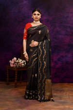 Pure Banarasi woven silk saree with zari & minakari leaf motifs & hand embroidered blouse-Black