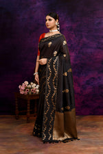Pure Banarasi woven silk saree with zari & minakari leaf motifs & hand embroidered blouse-Black