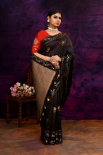 Pure Banarasi woven silk saree with zari & minakari leaf motifs & hand embroidered blouse-Black