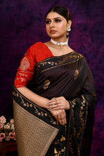 Pure Banarasi woven silk saree with zari & minakari leaf motifs & hand embroidered blouse-Black
