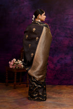 Pure Banarasi woven silk saree with zari & minakari leaf motifs & hand embroidered blouse-Black