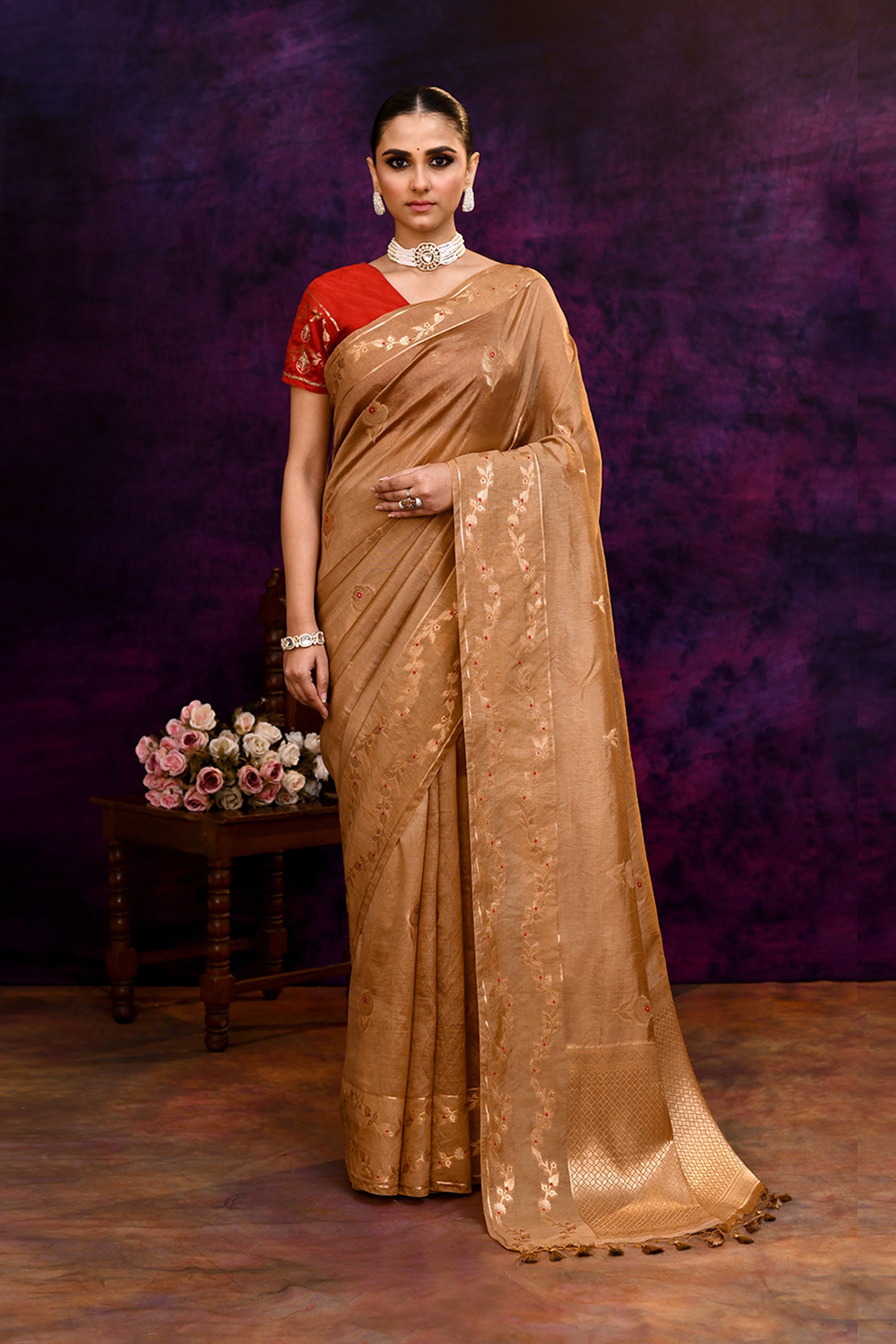Pure Banarasi woven silk saree with zari & minakari leaf motifs & hand embroidered blouse-Golden