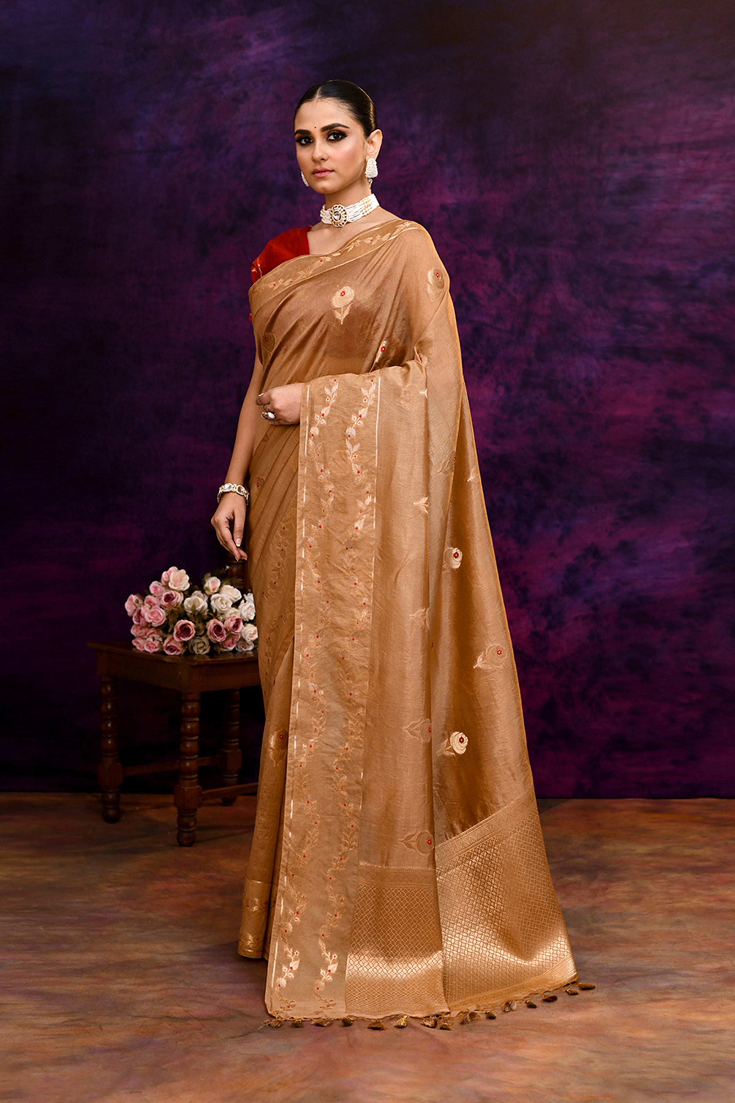 Pure Banarasi woven silk saree with zari & minakari leaf motifs & hand embroidered blouse-Golden