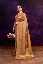 Pure Banarasi woven silk saree with zari & minakari leaf motifs & hand embroidered blouse-Golden