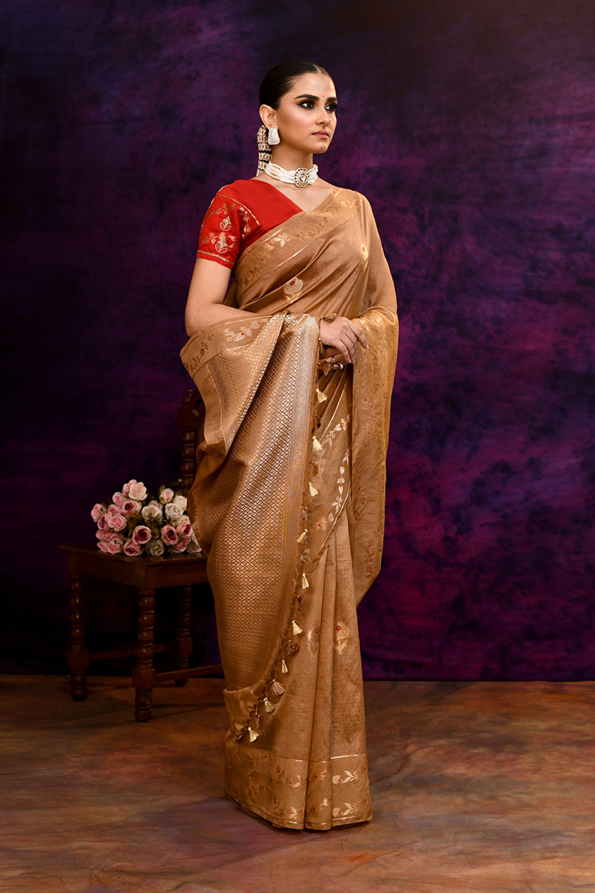 Pure Banarasi woven silk saree with zari & minakari leaf motifs & hand embroidered blouse-Golden