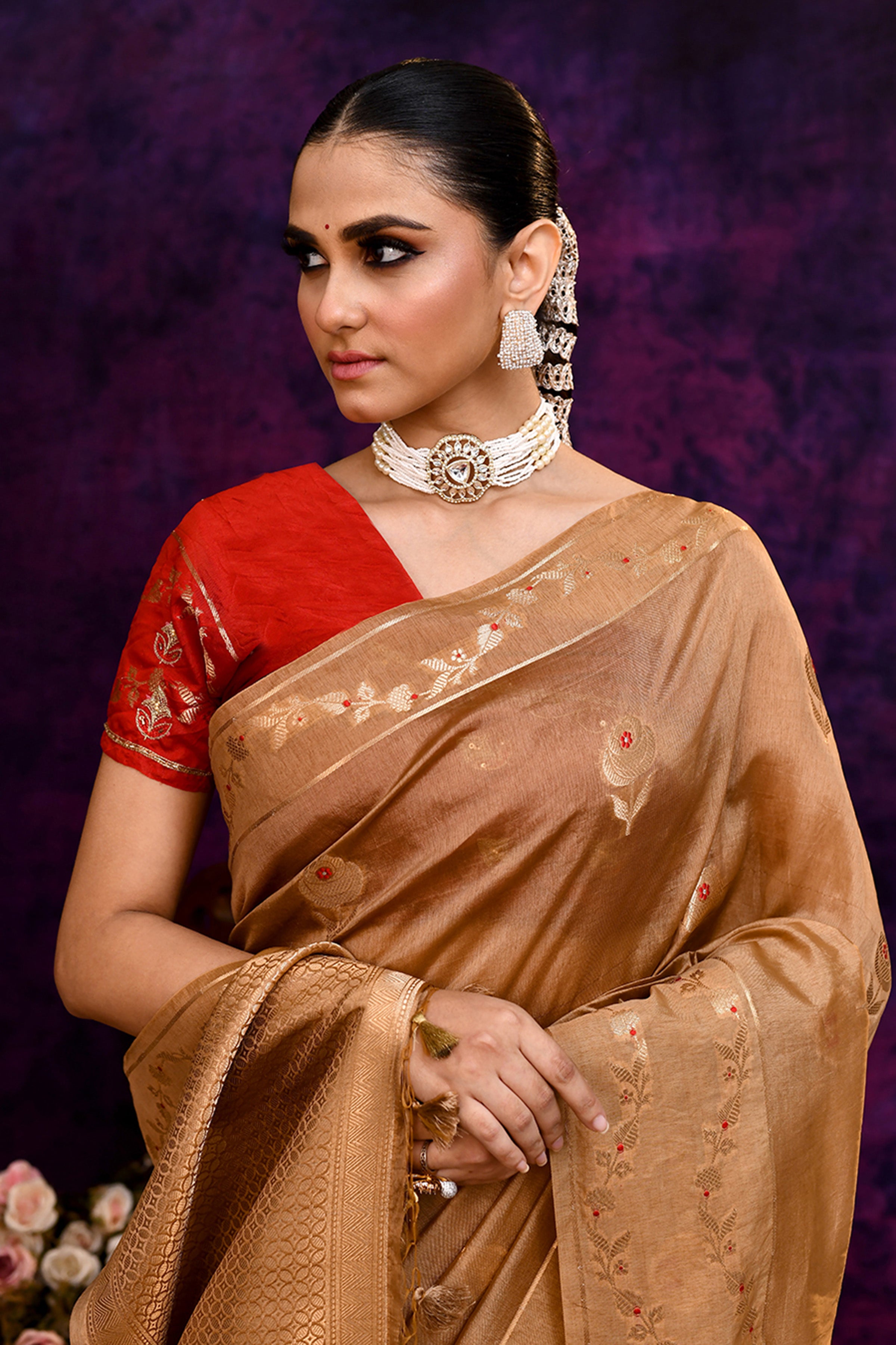 Pure Banarasi woven silk saree with zari & minakari leaf motifs & hand embroidered blouse-Golden