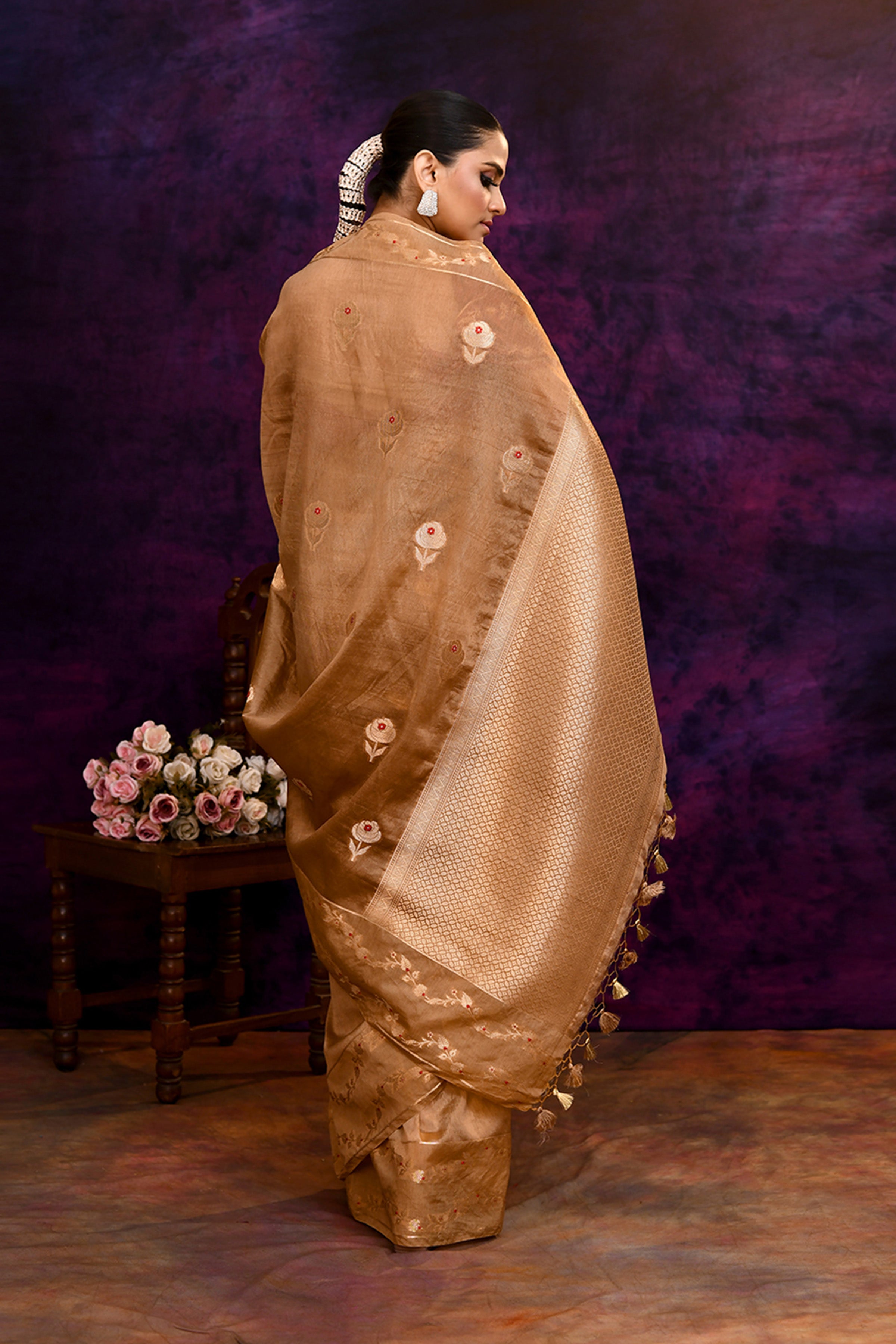 Pure Banarasi woven silk saree with zari & minakari leaf motifs & hand embroidered blouse-Golden