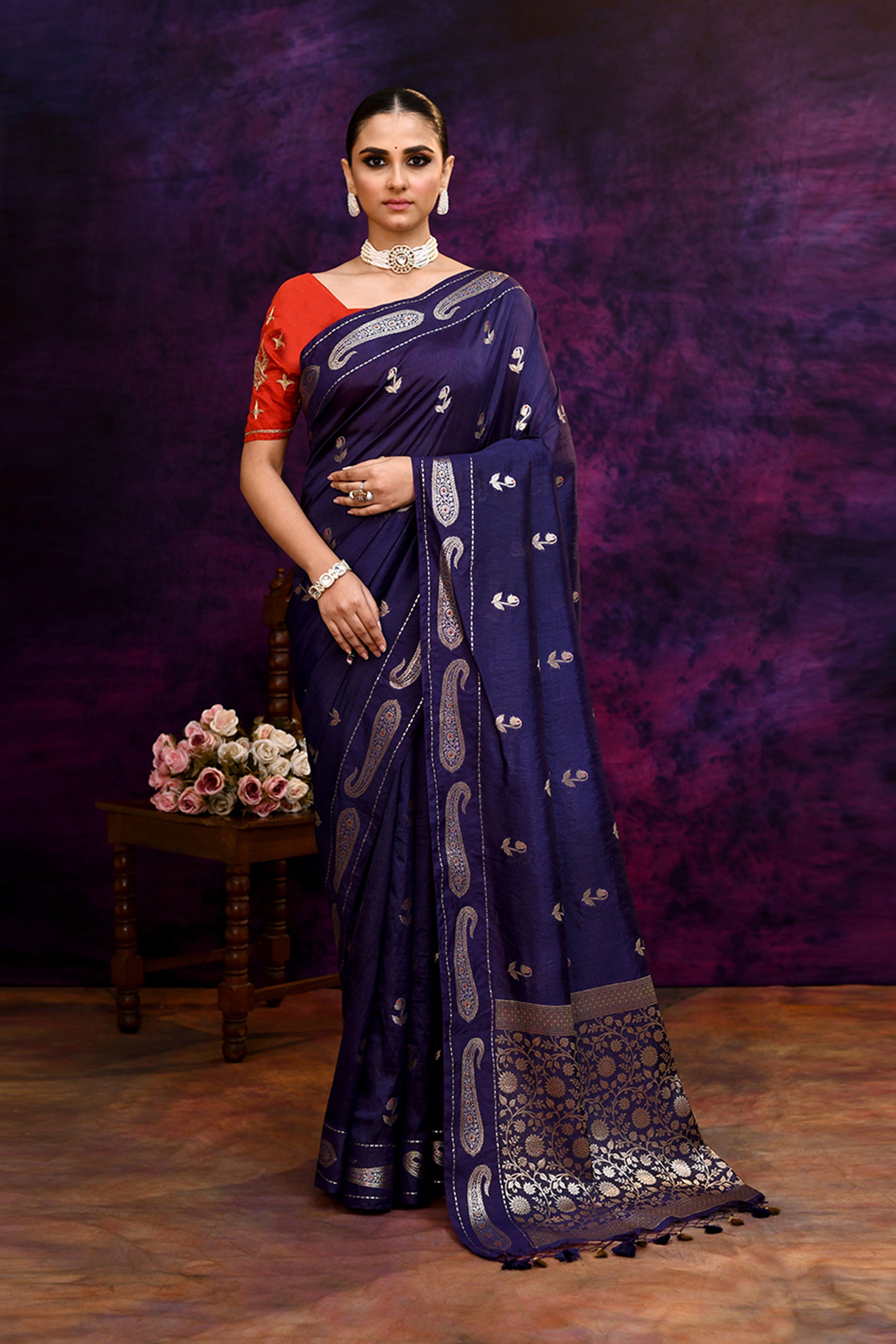 Pure Banarasi woven silk saree with zari & minakari mango motifs & hand embroidered blouse-Indigo blue
