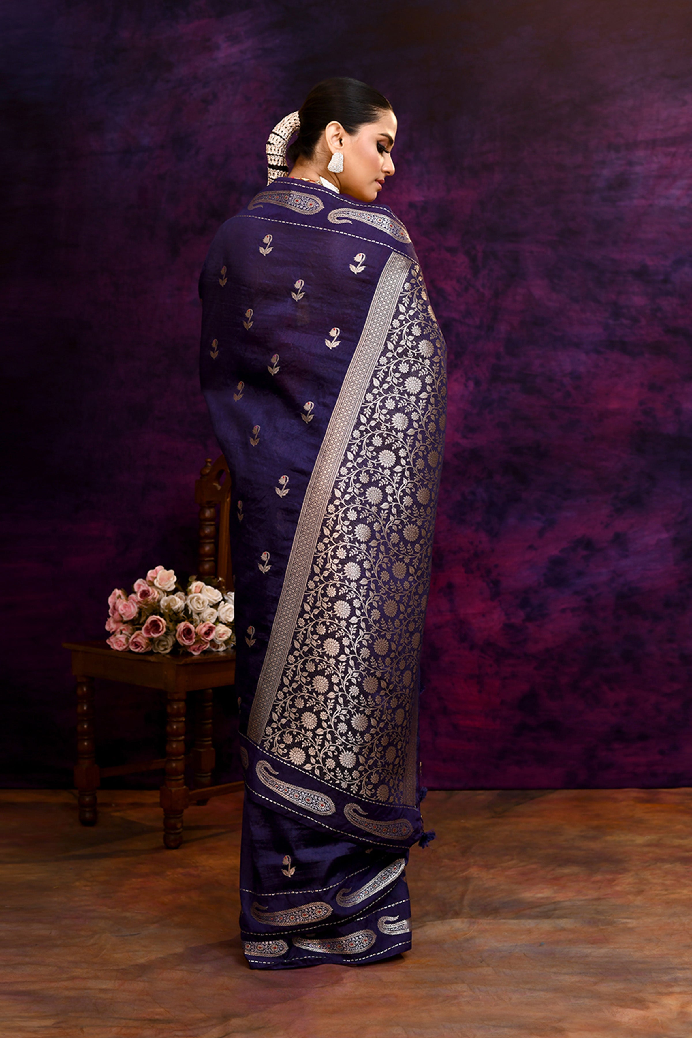 Pure Banarasi woven silk saree with zari & minakari mango motifs & hand embroidered blouse-Indigo blue
