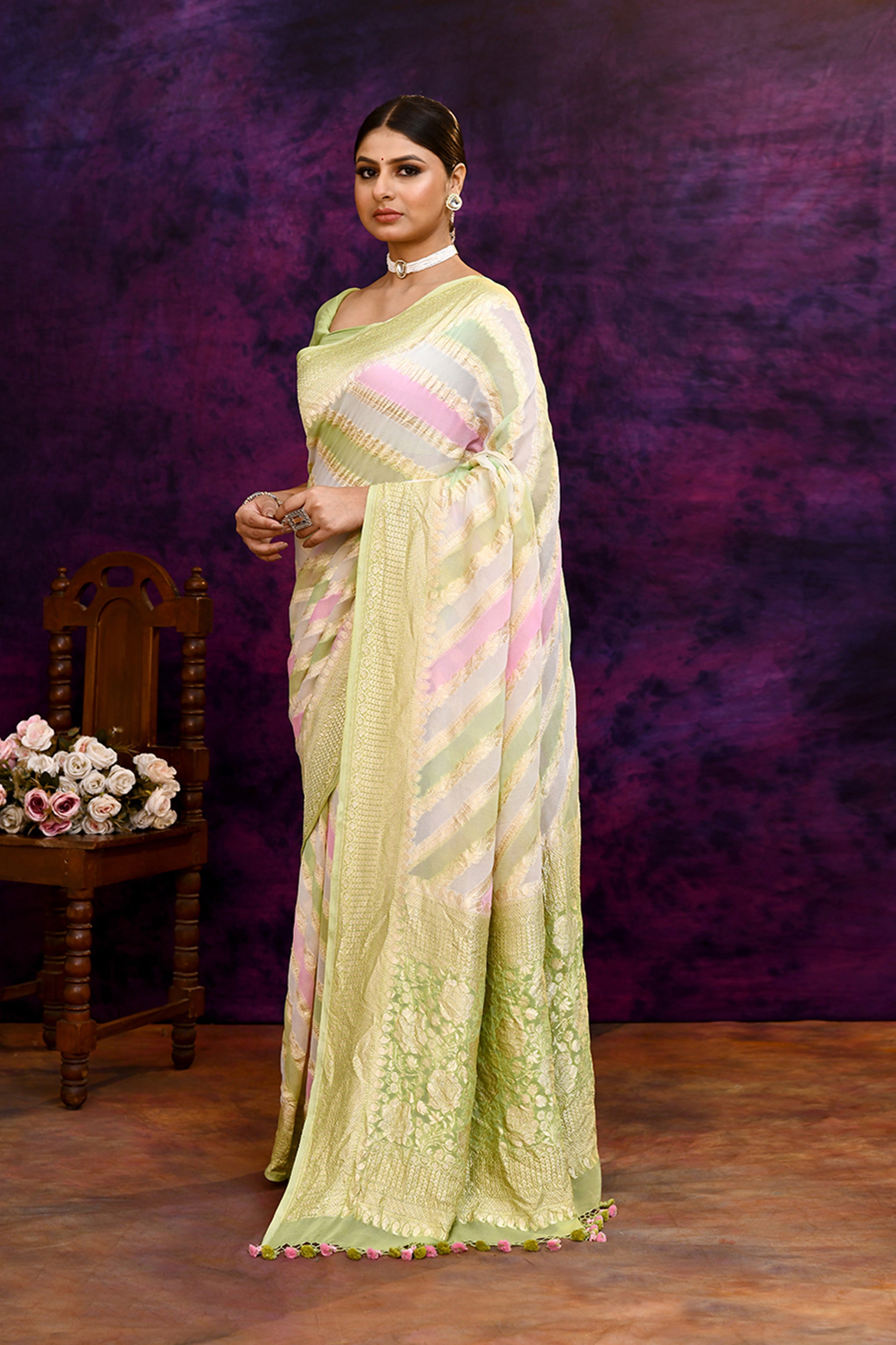 Pure handloom rangkaat khaddi georgette banarasi saree with multi color leheriya zari weaving