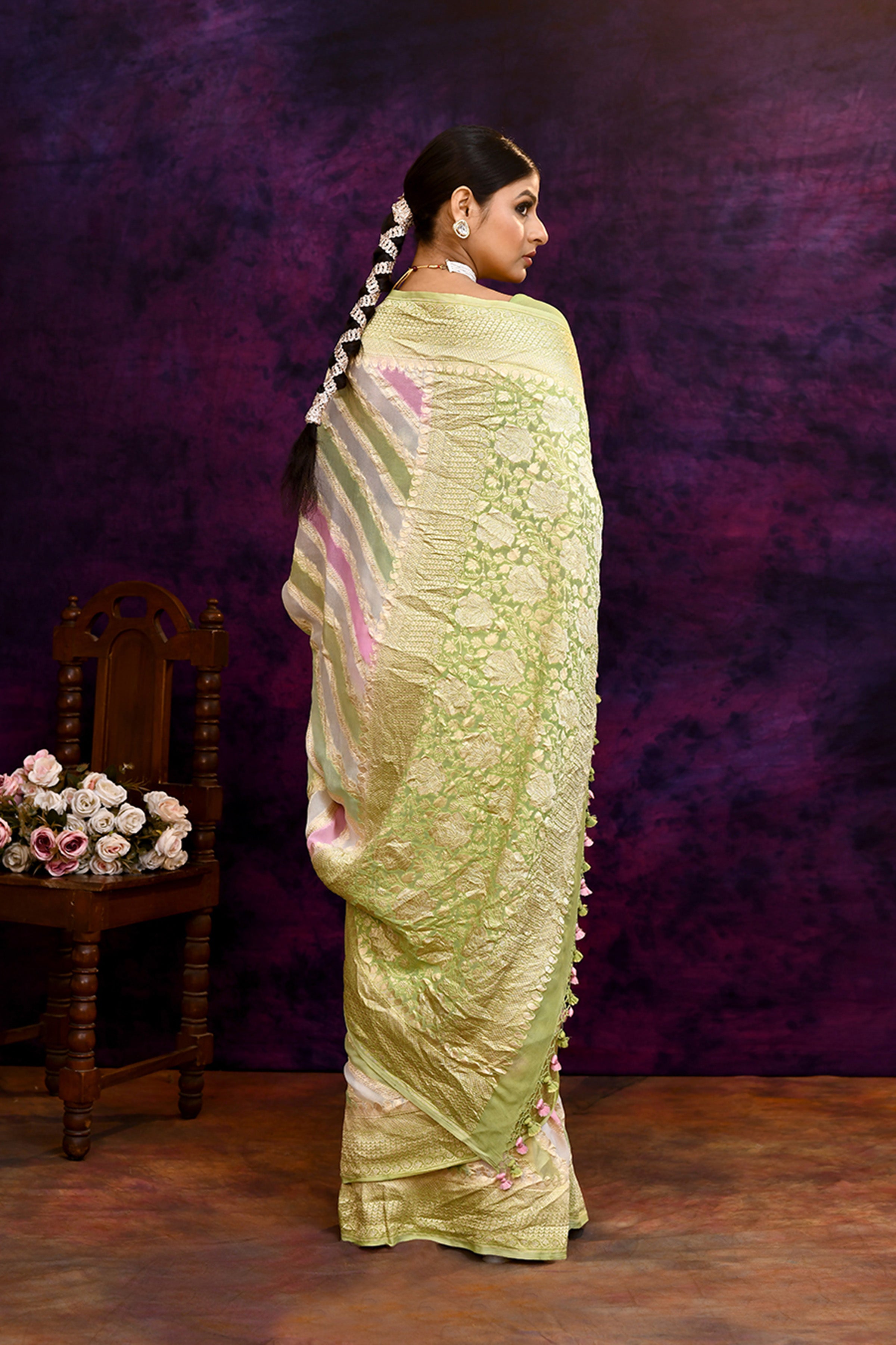 Pure handloom rangkaat khaddi georgette banarasi saree with multi color leheriya zari weaving