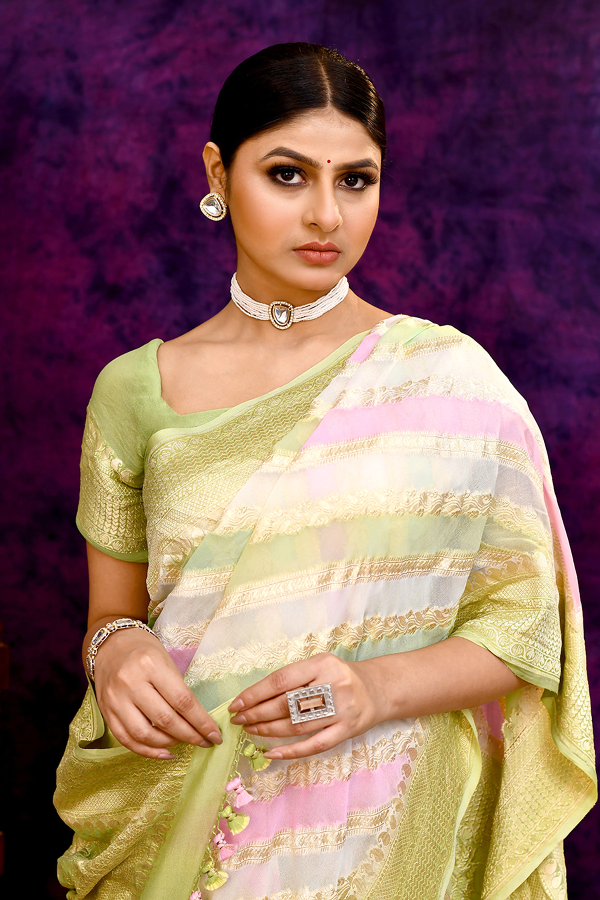 Pure handloom rangkaat khaddi georgette banarasi saree with multi color leheriya zari weaving