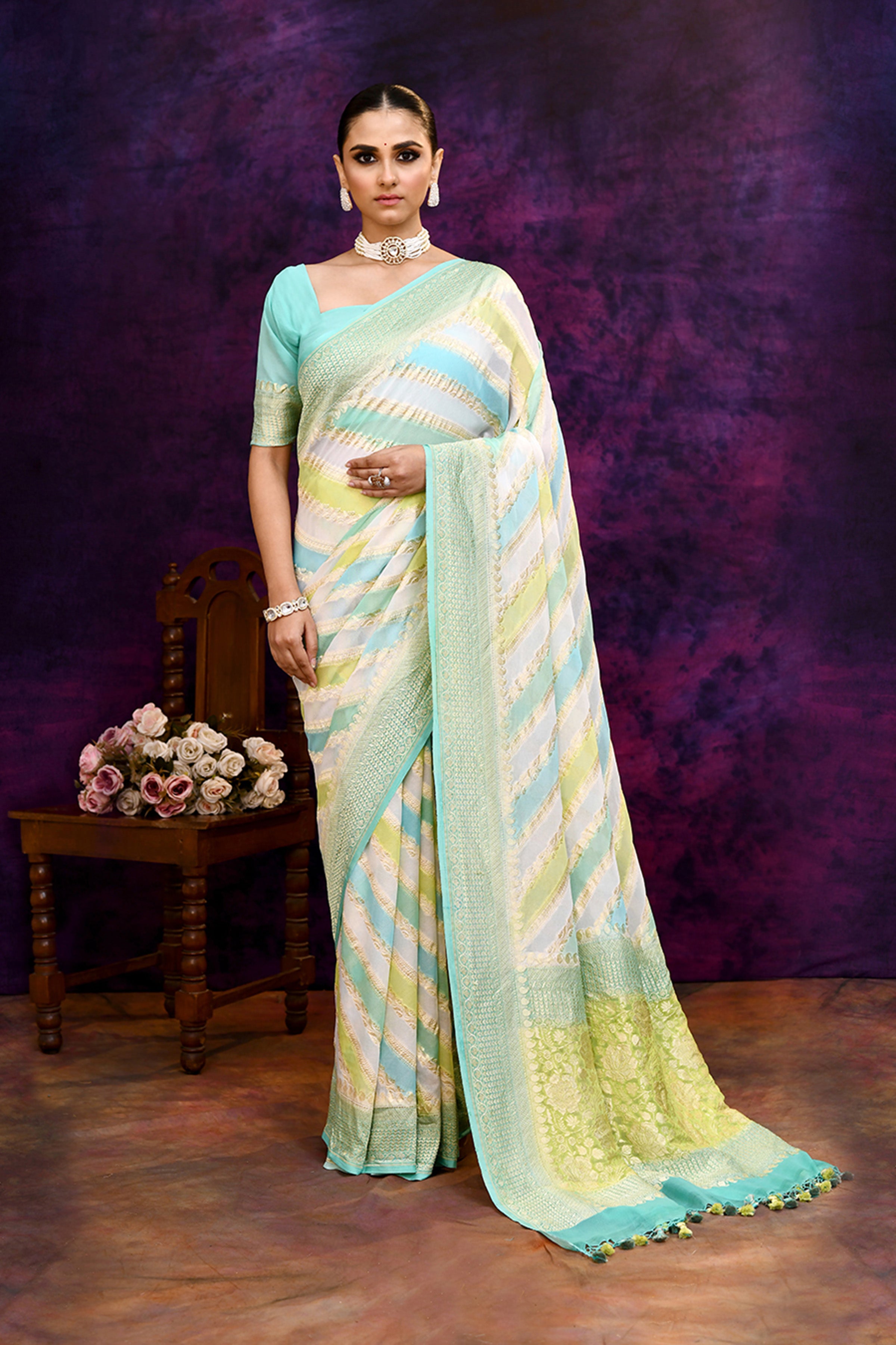 Pure handloom rangkaat khaddi georgette banarasi saree with multi color leheriya zari weaving