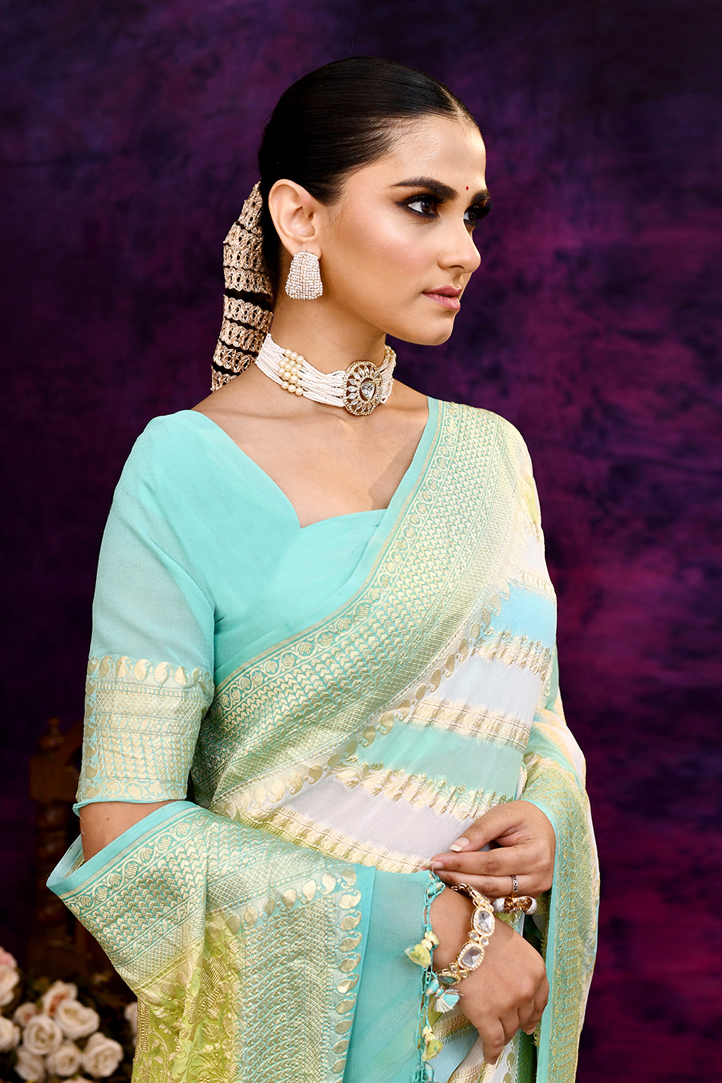 Pure handloom rangkaat khaddi georgette banarasi saree with multi color leheriya zari weaving
