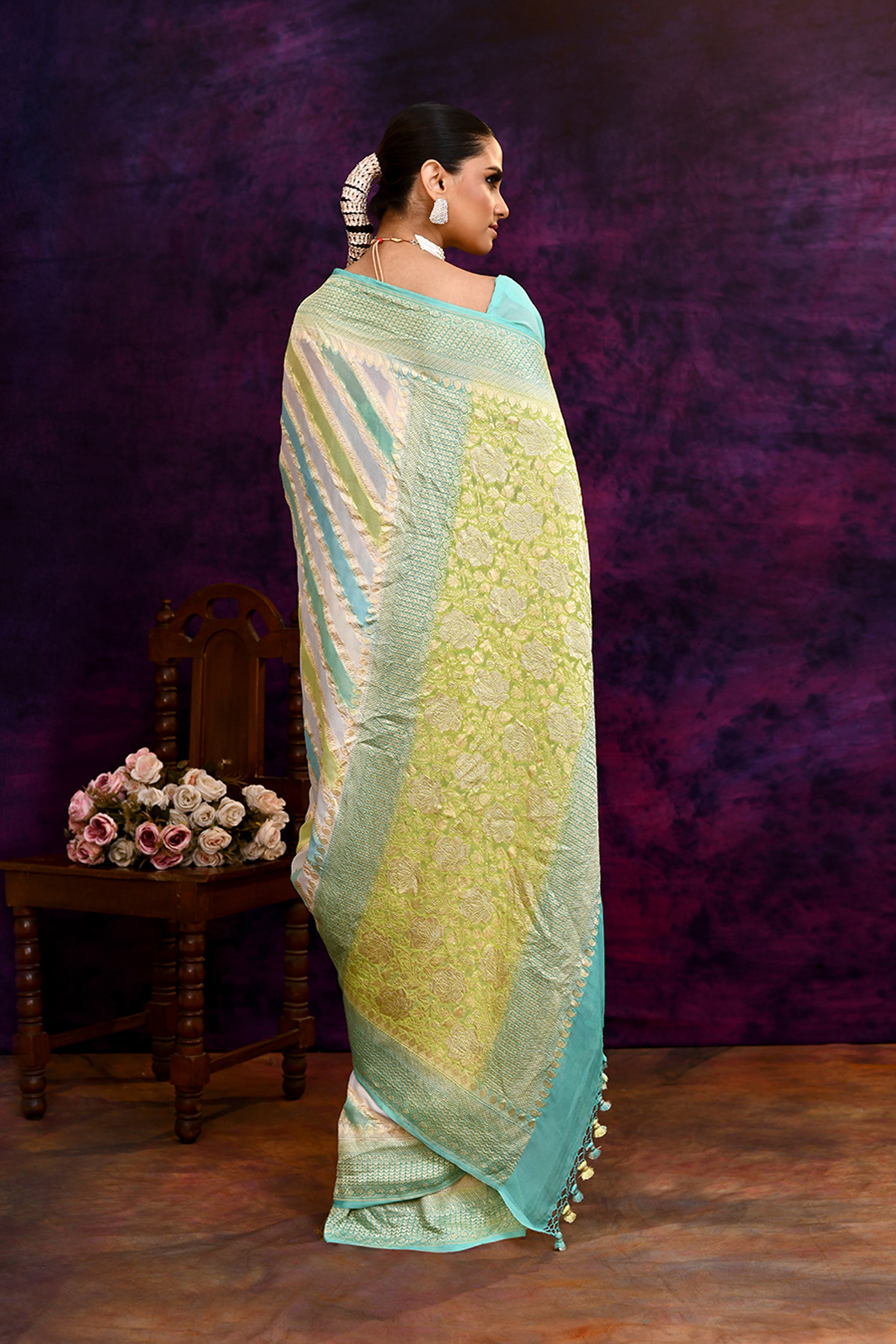 Pure handloom rangkaat khaddi georgette banarasi saree with multi color leheriya zari weaving
