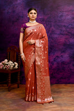 Pure Banarasi woven silk saree with stripes zari and minakari weaving & hand embroidered blouse-Dark peach