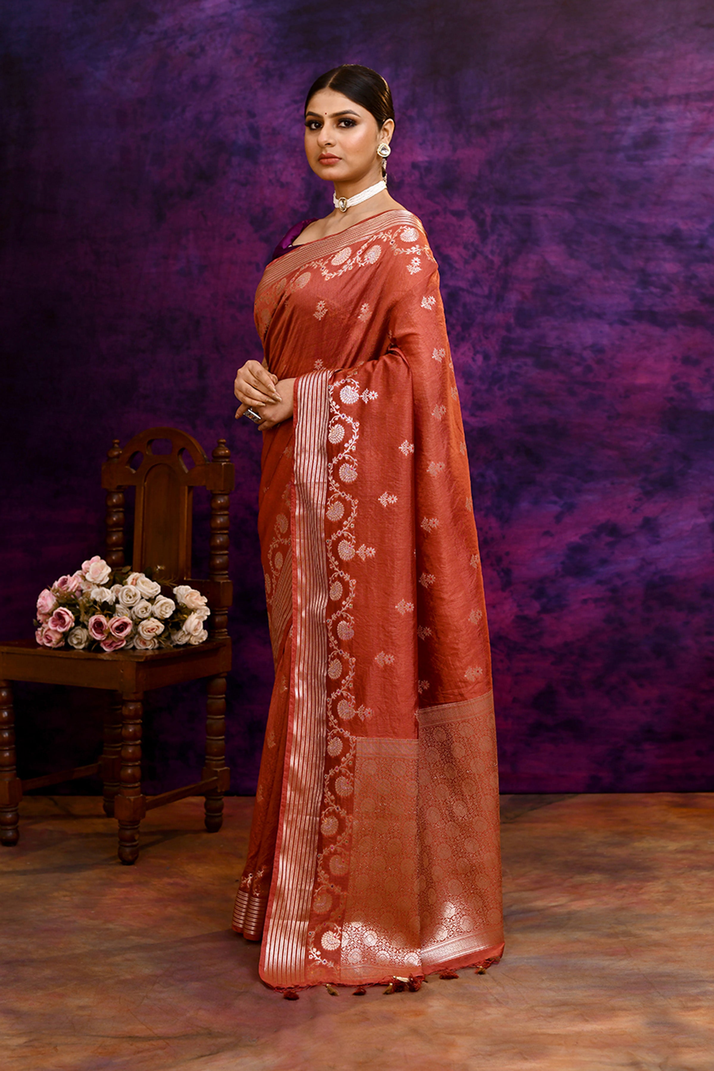 Pure Banarasi woven silk saree with stripes zari and minakari weaving & hand embroidered blouse-Dark peach