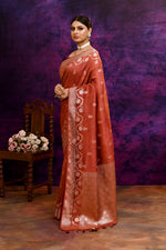 Pure Banarasi woven silk saree with stripes zari and minakari weaving & hand embroidered blouse-Dark peach