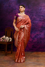Pure Banarasi woven silk saree with stripes zari and minakari weaving & hand embroidered blouse-Dark peach
