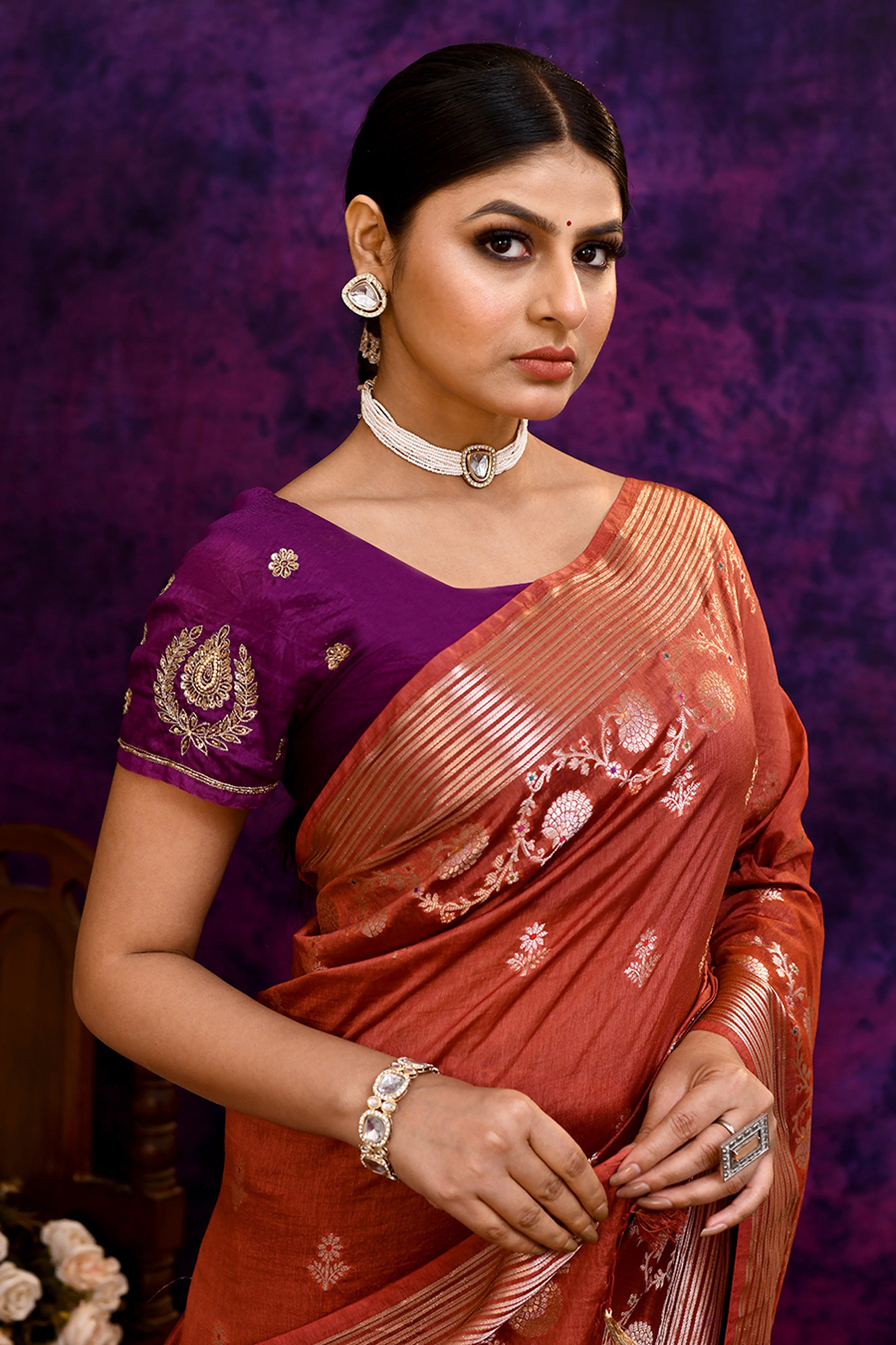 Pure Banarasi woven silk saree with stripes zari and minakari weaving & hand embroidered blouse-Dark peach