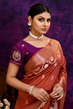 Pure Banarasi woven silk saree with stripes zari and minakari weaving & hand embroidered blouse-Dark peach