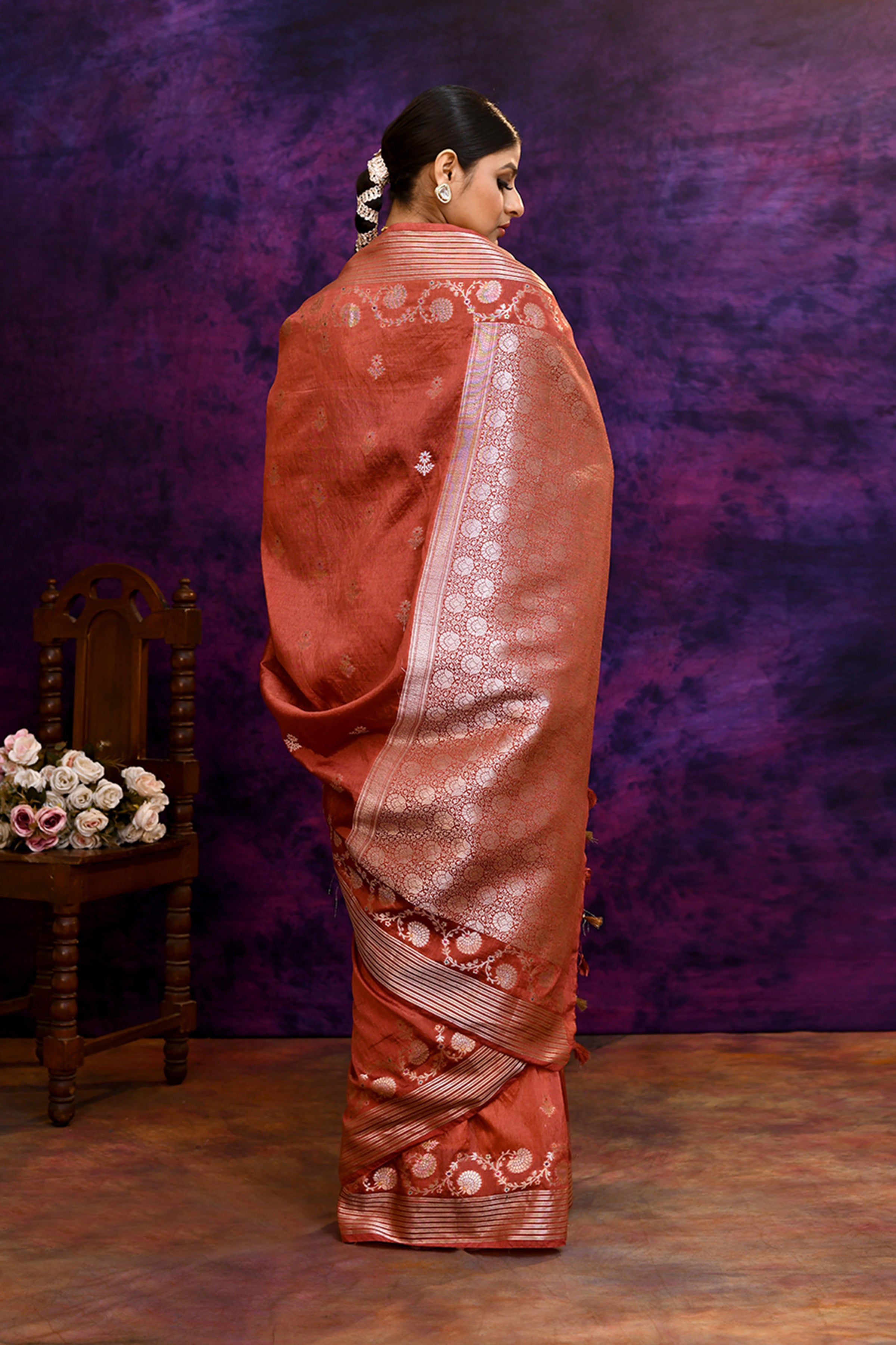 Pure Banarasi woven silk saree with stripes zari and minakari weaving & hand embroidered blouse-Dark peach
